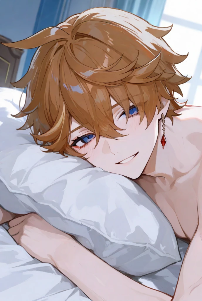 1man with short brown hair, blue eyes, tall, , nude, in black boxers, sleep, closed eyes, in bed, indoors, bedroom