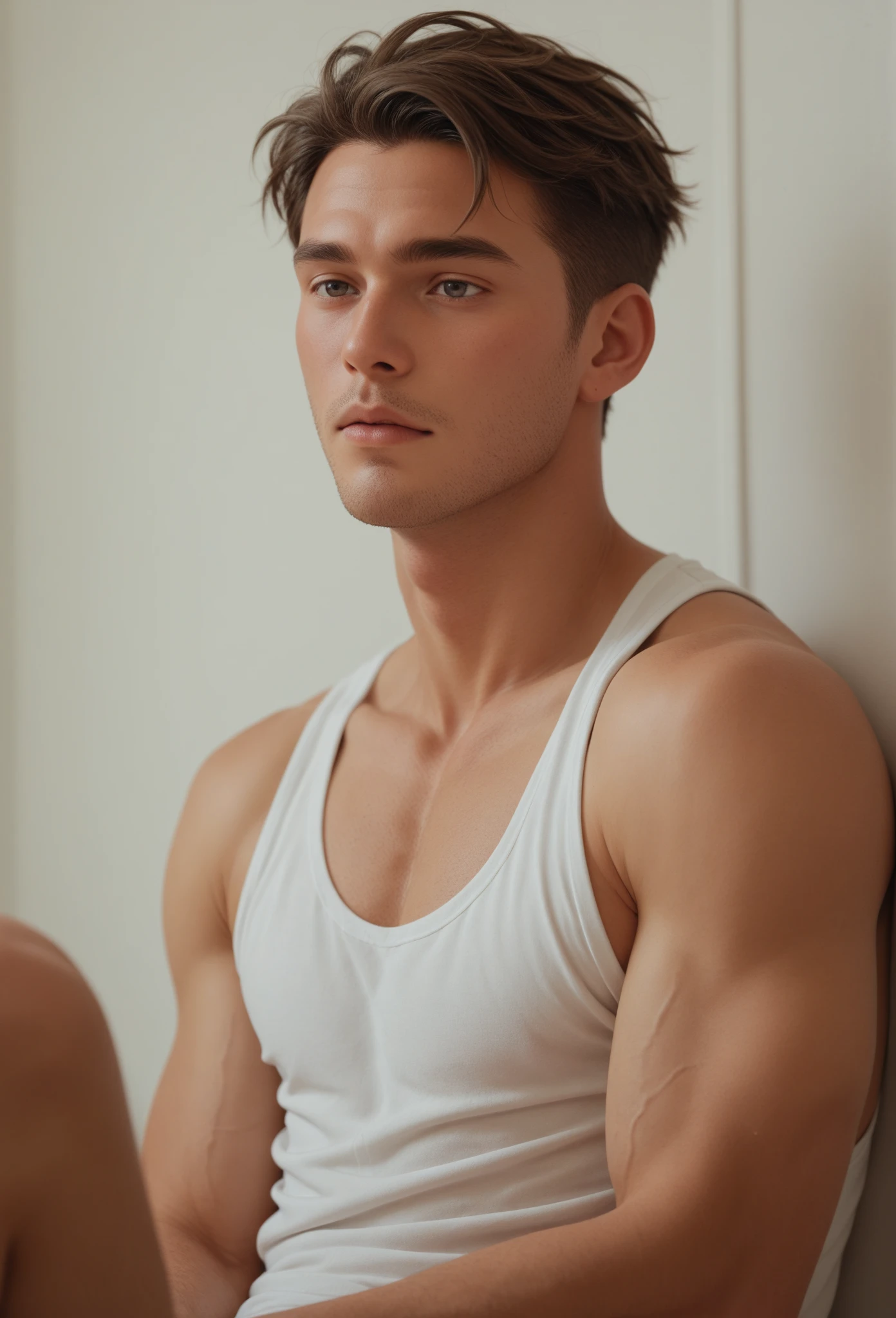 arafed man in underwear sitting on a bed with his legs crossed, smooth translucent white skin, underwear ad, translucent white skin, smooth white skin, crisp smooth clean lines, gorgeous young model, teen boy, crisp smooth lines, male model, smooth pale skin, smooth white surroundings, red haired teen boy, smooth body features, detailed white, teenage boy, model posing