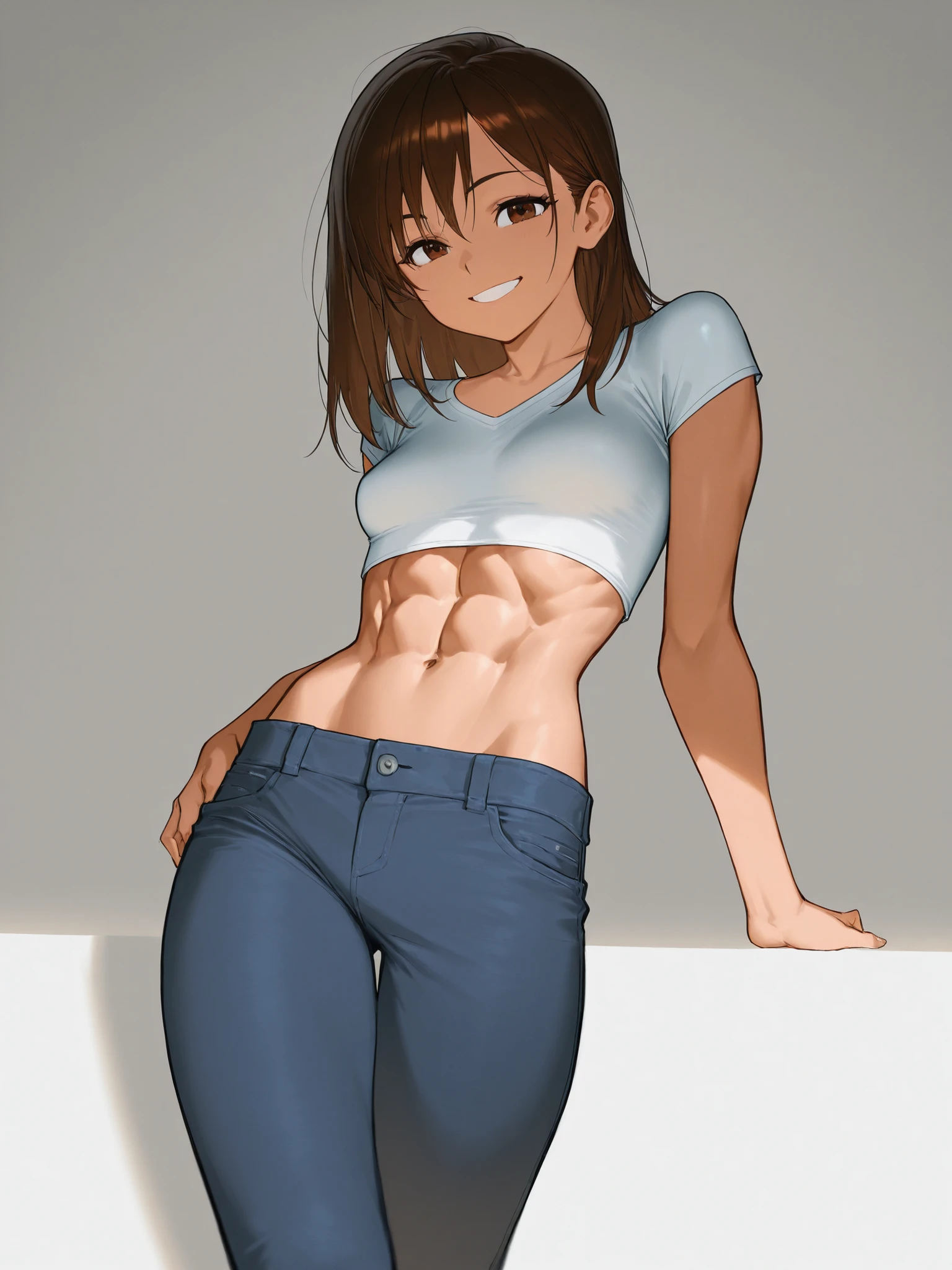 masterpiece, best quality, ultra detailed, ultra high resolution, very detailed face, solo, anime, 20 years old girl, slim, wearing a tanktop, ((six pack abs:1.15)), stand on the knees, lean forward, lightbrown short hair, medium breast, little smile, in the living room