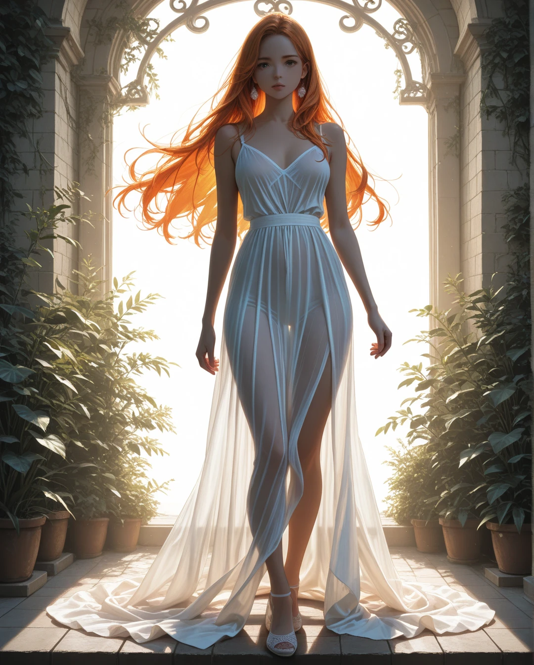 Une femme rousse souriante, au charme irrésistible, se promène avec grâce dans un parc verdoyant. Ses longs cheveux roux, d'un éclat vibrant, ondulent légèrement au gré de la brise, attirant tous les regards. Elle porte une robe élégante, ajustée à sa silhouette, qui met en valeur ses courbes et souligne sa féminité. Ses jambes sont délicatement mises en valeur par la longueur de sa robe, tandis que ses talons résonnent doucement sur le sentier pavé.
Autour d'elle, le parc est un écrin de verdure luxuriante, avec des arbres majestueux qui offrent de l'ombre et des pelouses d'un vert éclatant. Des rayons de soleil filtrent à travers le feuillage, créant des jeux de lumière sur sa peau. La scène est paisible, rythmée par le chant des oiseaux et le murmure du vent dans les feuilles, ajoutant une touche de sérénité à cette promenade envoûtante.