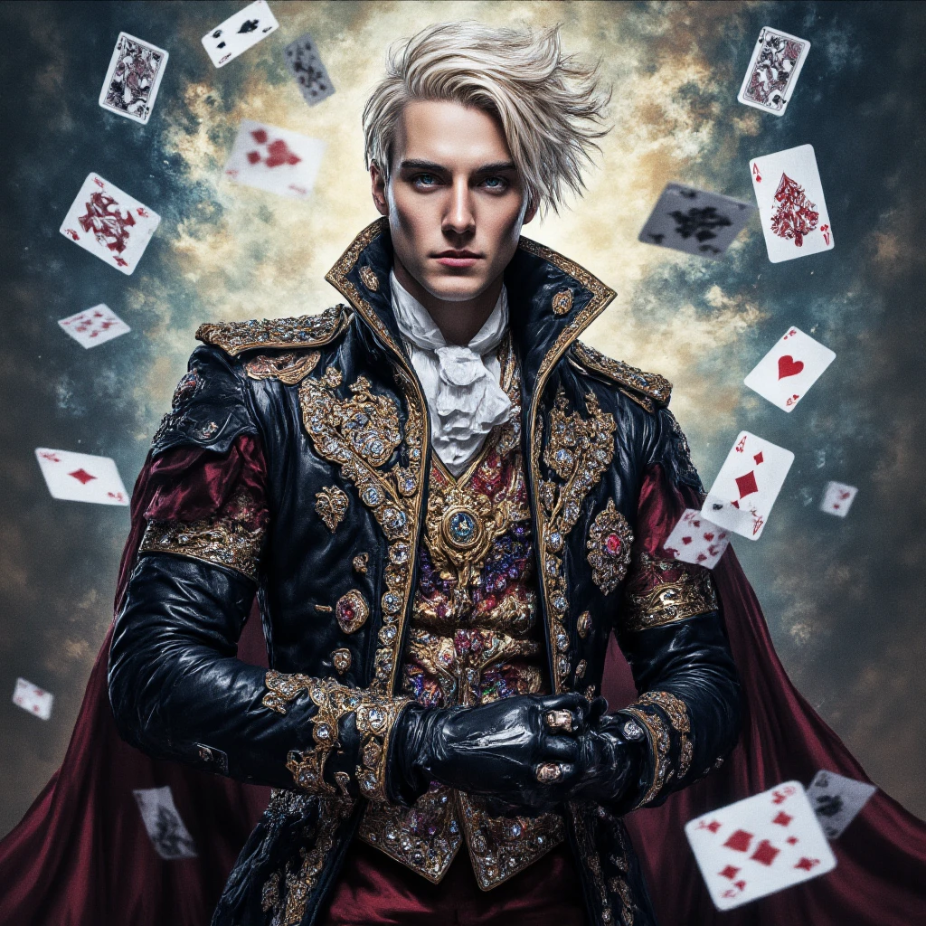 (1man, wrinkled face, old portuguese male:1.2), wise, red eyes, silver undercut,
solo, (full body:0.6), detailed background, detailed face, (renaissance theme:1.1), malicious smirk , (glowing eyes:1.1), (card-wizard:1.05), swindler, dark purple magician outfit, dynamic pose, (cards floating in the air:1.15), colorful ribbons in background, ethereal atmosphere,
