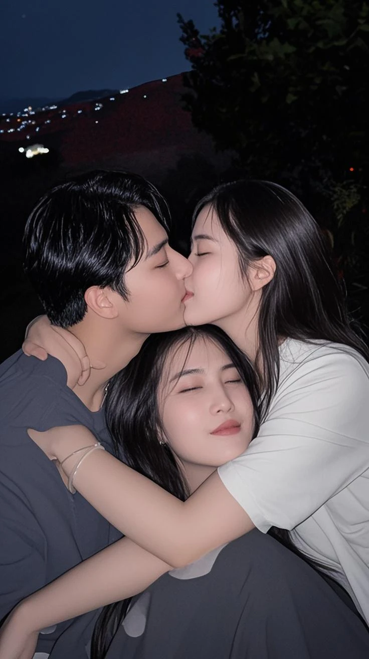 Japanese woman kissing Indian man, photo picture, real person, photography picture --auto