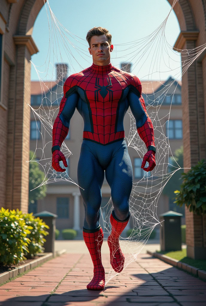 Realistic, detailed, Luffy one piece wearing Spiderman suit, standing, full body