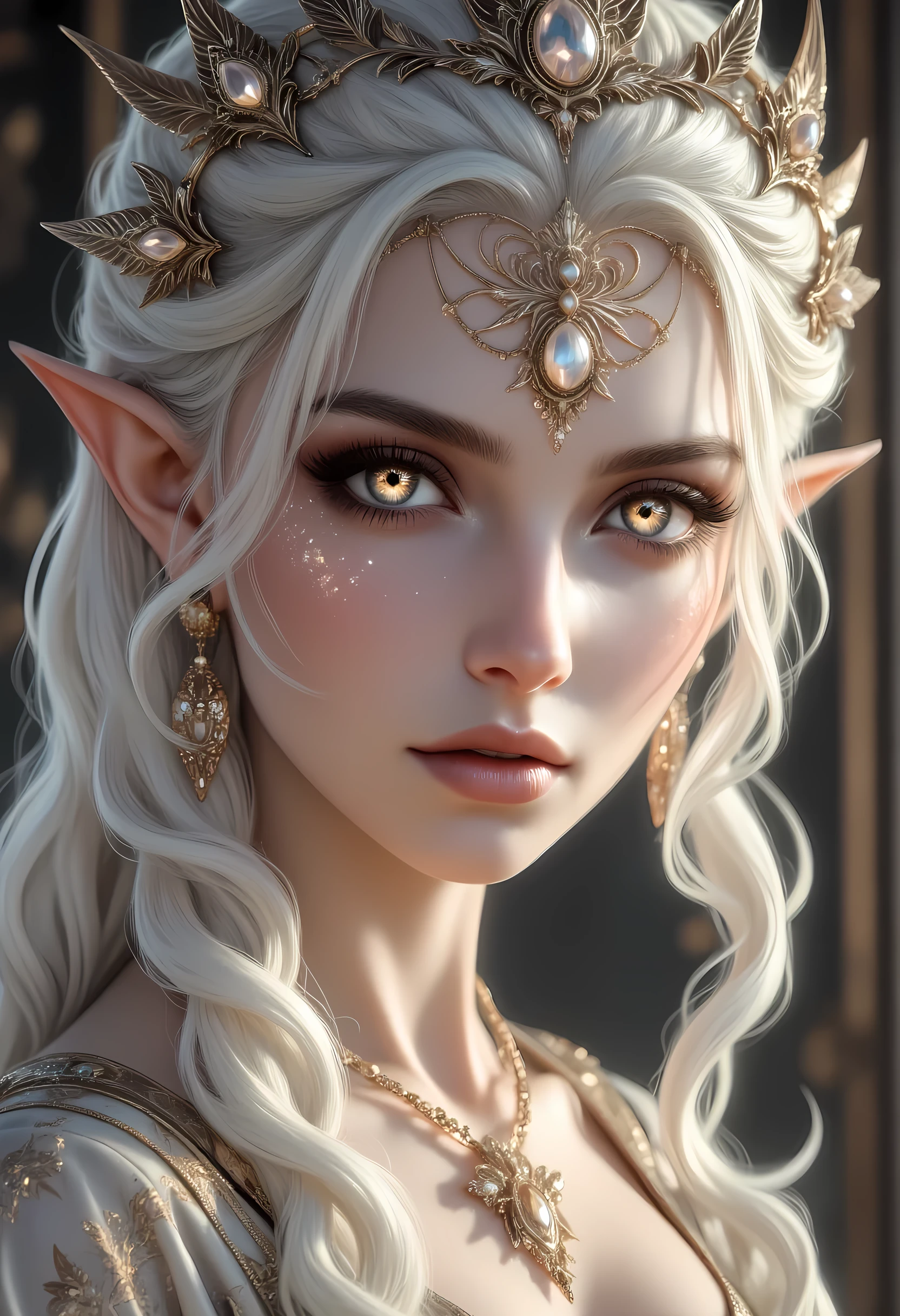 a picture of a female elf, fair skin, white hair, long hair, wavy hair, flowing hair, sparkling fiery eyes, there are jewelry in her hair. wearing  silk dress, intricate dress, high heels, best quality, 16k, ultra detailed, masterpiece, best quality, (extremely detailed), dynamic angle, ultra wide shot, photorealistic, RAW, fantasy art, dnd art,fantasy art, realistic art,  perfect face, perfect body, glow outline