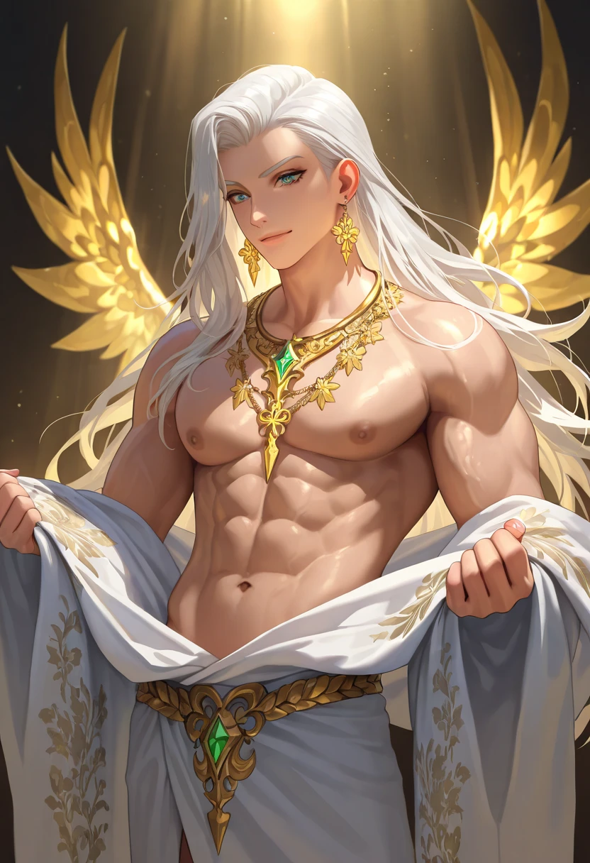 (8k,photorrealistic RAW photograph Maximum quality;1.4) (1 white boy) Super handsome king of the underworld (lifelike face) (hair of a fairy, long hair in the wind) slenderbody Muscular and macho big pink eyes Aristocratic metallic fairy costume Fairy decoration Fangs peeking out of the mouth Pointed claws a seductive gaze Beautiful expression A hyper-realistic (King of the Underworld) appealing (real looking skin) super high resolution high détail Metallic fairy luxury pants Fairy aura emanating from the body effect metallic fairy cape