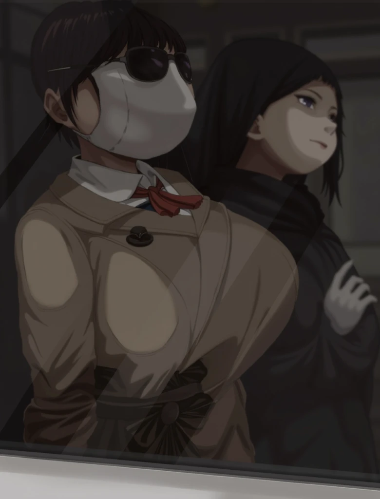 they are wearing masks and are hugging each other, covered sfw huge breasts, female thief, menacing!!!, covered breasts, menacing!, with a large breasts, partially masked, big bust, behind her is a scary atmosphere, clothed in hooded, brutal, masked, furious dark haired women, busty, breasts covered and sfw, angry and helpless, bust shot