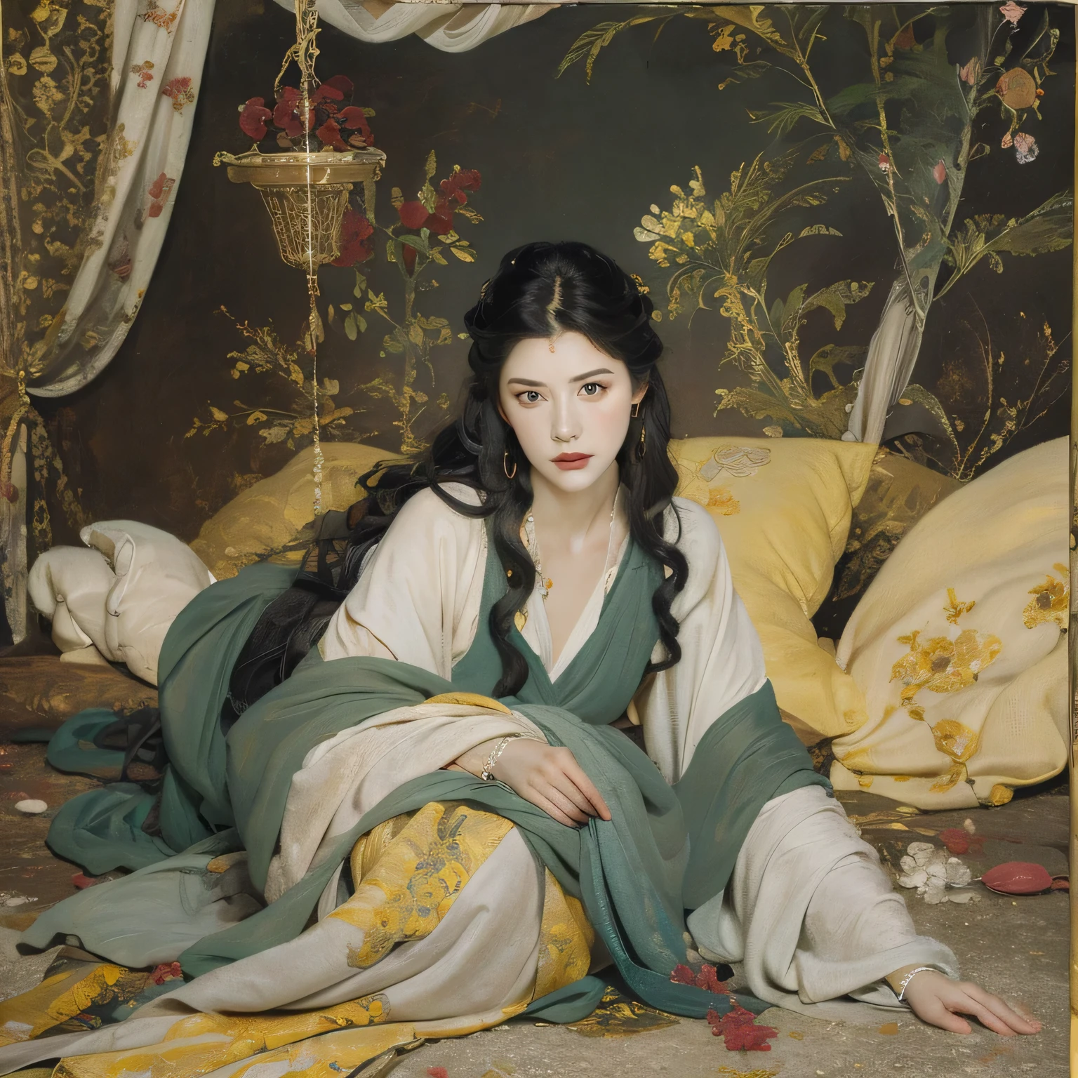 A naked Qing dynasty empress is sleeping in the luxurious empress's bedroom in the Chinese palace. A top view of the Qing dynasty empress, wearing a crown and with her hair tied up.