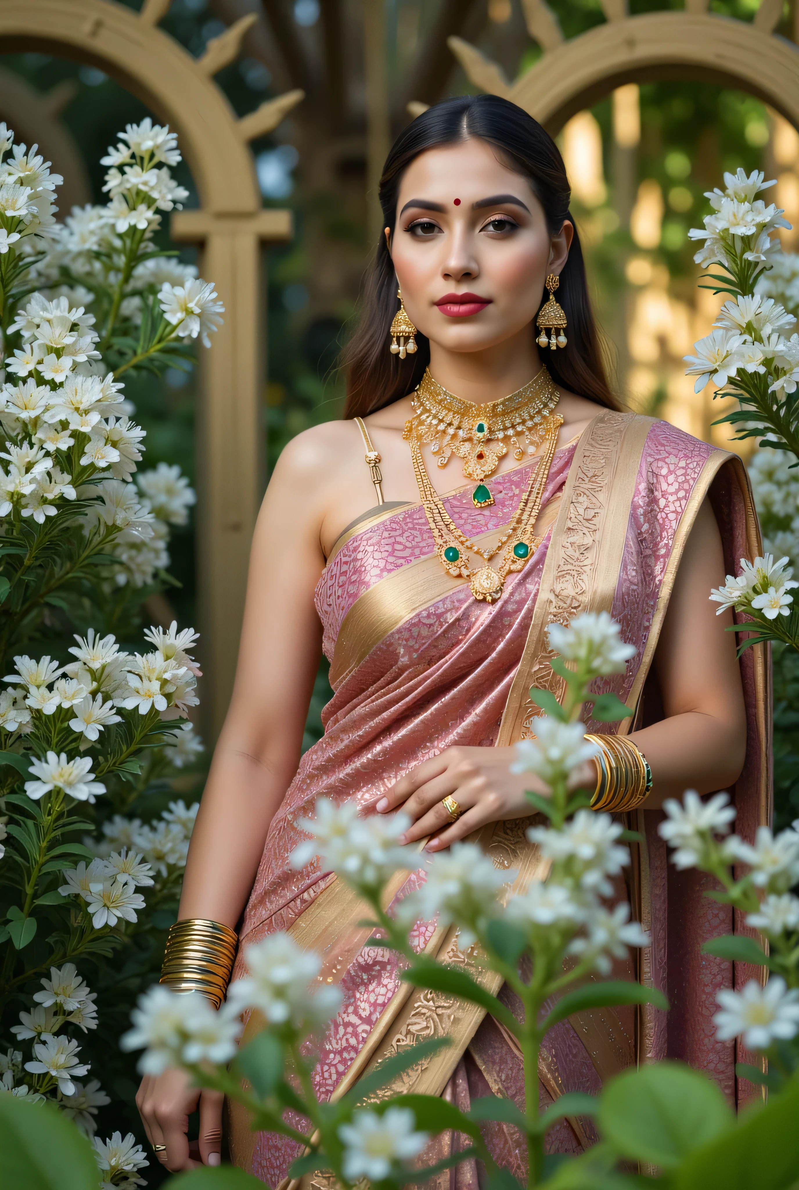 A captivating portrait of a beautiful woman in a traditional Indian saree, posed elegantly in a lush garden setting. The saree is a stunning combination of vibrant yellow and black, adorned with intricate gold embroidery and embellishments. The blouse features a deep neckline with ornate golden patterns, seamlessly blending with the saree’s rich, luxurious fabric. The saree's pallu drapes gracefully over her shoulder, accentuating her poised and graceful demeanor.
The woman has long, flowing hair styled in soft waves, complementing her refined and graceful appearance. Her skin has a warm, glowing complexion, enhanced by subtle,natural makeup with a hint of blush and glossy pink lips. Her striking eyes are accentuated with soft eyeliner and long lashes, and she wears a traditional bindi on her forehead, adding a touch of cultural elegance.
She is adorned with traditional Indian jewelry, including a grand gold necklace with emerald gemstones, matching chandelier earrings, and stacked golden bangles. The jewelry sparkles subtly under the soft natural light. The setting features a garden filled with blooming white flowers, lush greenery, and intricate lattice structures, creating a serene and romantic atmosphere.Lighting is soft, with natural sunlight filtering through the foliage, casting delicate shadows and highlights on her face and attire. The overall mood of the image is one of elegance, grace, and timeless beauty, with a rich, vibrant color palette that highlights the cultural and artistic elements of traditional Indian fashion.Style: Hyper-realistic, vivid colors, high-detail embroidery, intricate jewelry design, soft natural lighting, graceful pose, serene garden ambiance.Camera Settings: High resolution, portrait orientation, shallow depth of field, focus on the subject, soft background blur to enhance the model's prominence.