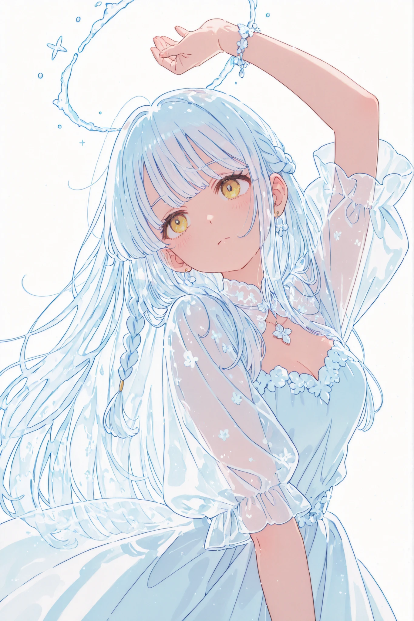 anime girl, grown up, white long hair, single braid, white ornate dress, yellow eyes, dynamic pose, expressive, transparent hair, jewelry, fluffy bangs, one side bangs,