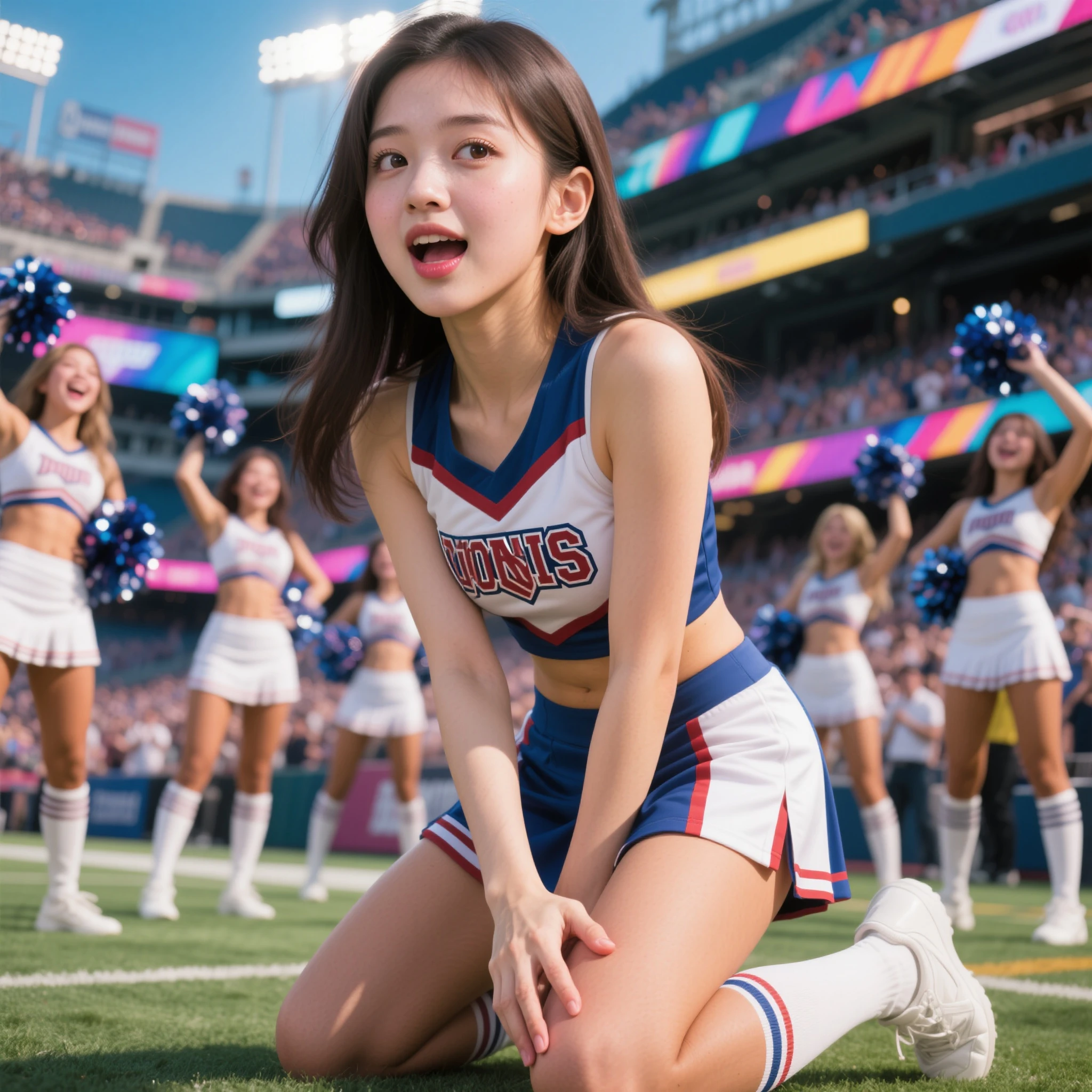 RAW photo, cheerleaders at a football game, crowd in the background, mooning, skirts, best quality, cinematic, best quality, 8k uhd, dslr, soft lighting, high quality, film grain,