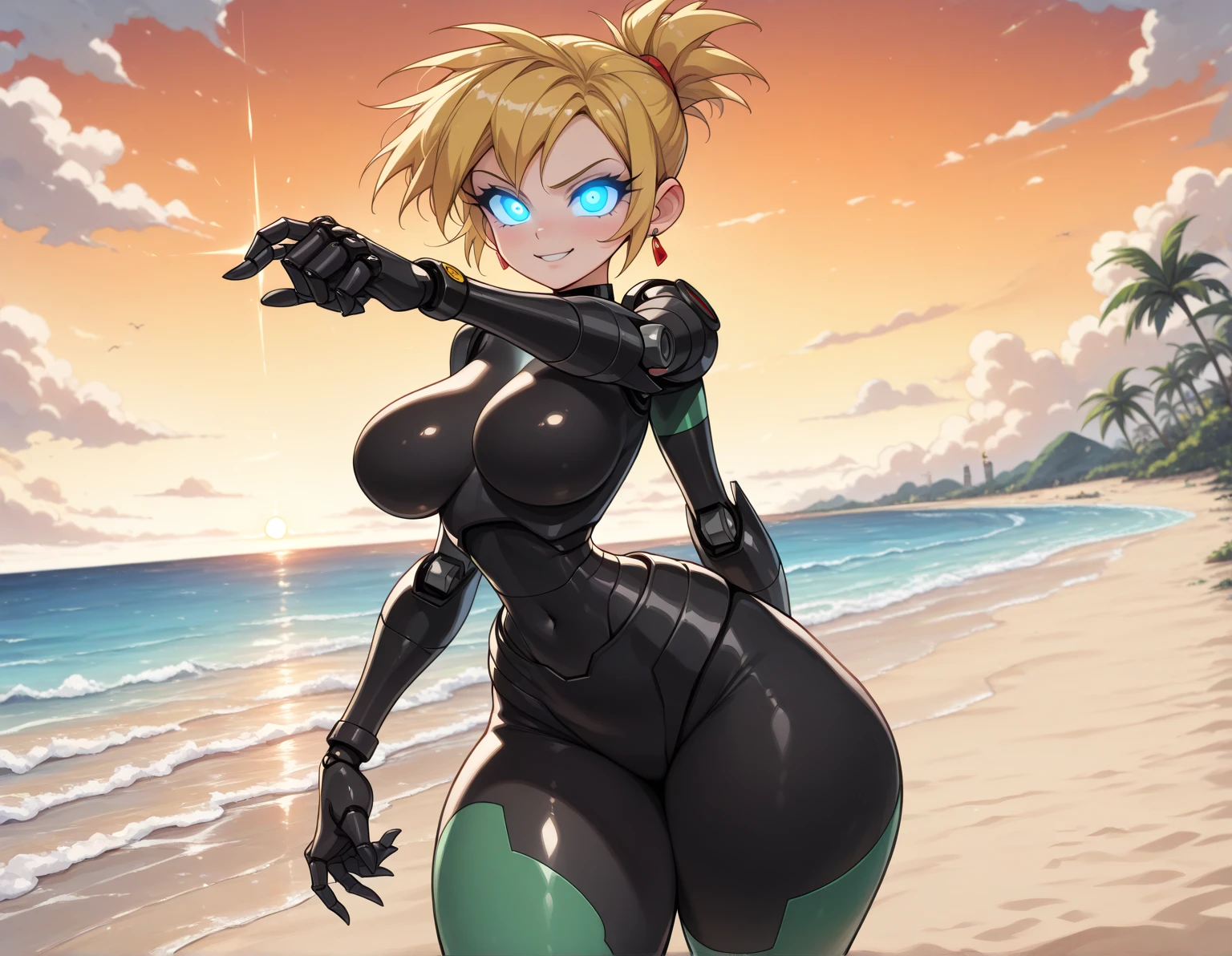 Seras Victoria,  milf, old woman, (( Venus body)), yellow hair, latex bodysuit, ((traje de látex,   flushed, smile coqueta, black lipstick)) , (( flushed, smile, oiled skin, blue eyes, fornida)), picking up her breasts, (( rubor, Caderas anchas)), Curvy body, (( big sagging breast )), long legs, open legs,Iparuputsua, standing, ((de pie)), on the beach at night, city lights in the distance, Cancun, image from below