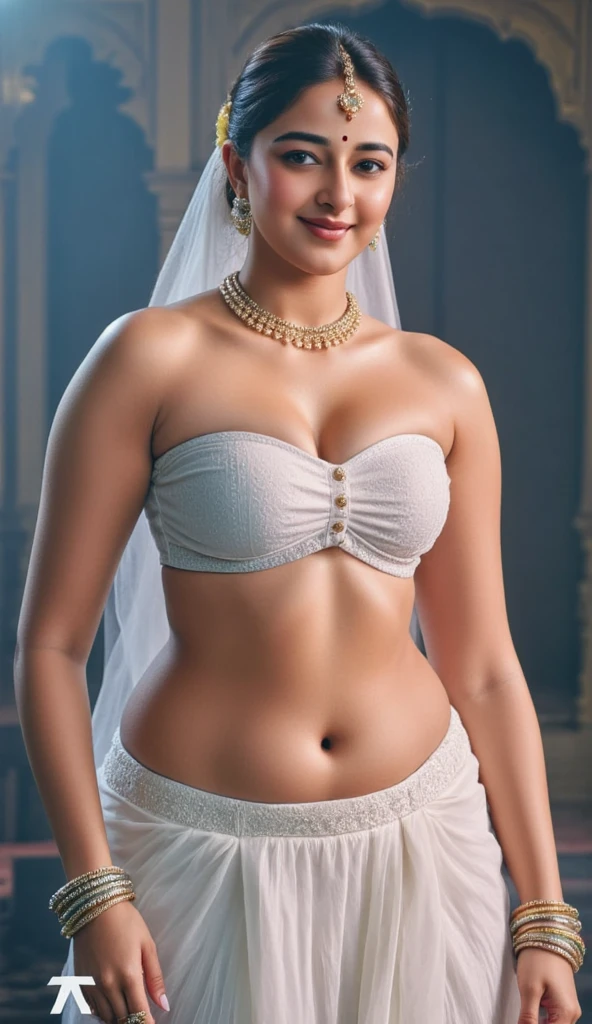 Realistic full body shot of a 26-year-old woman, ((Asymmetrical face:1.2), reminiscent of Kareena Kapoor's unique features), wearing a white bra and panty, adorned with an earring, black messy hair, ((Standing in the bathroom:1.3)), ((looking back:1.2)), bigass, (Expression of shock:1.2), dim lights, Ultra-realistic rendering in Unreal Engine, (16:9 aspect ratio).