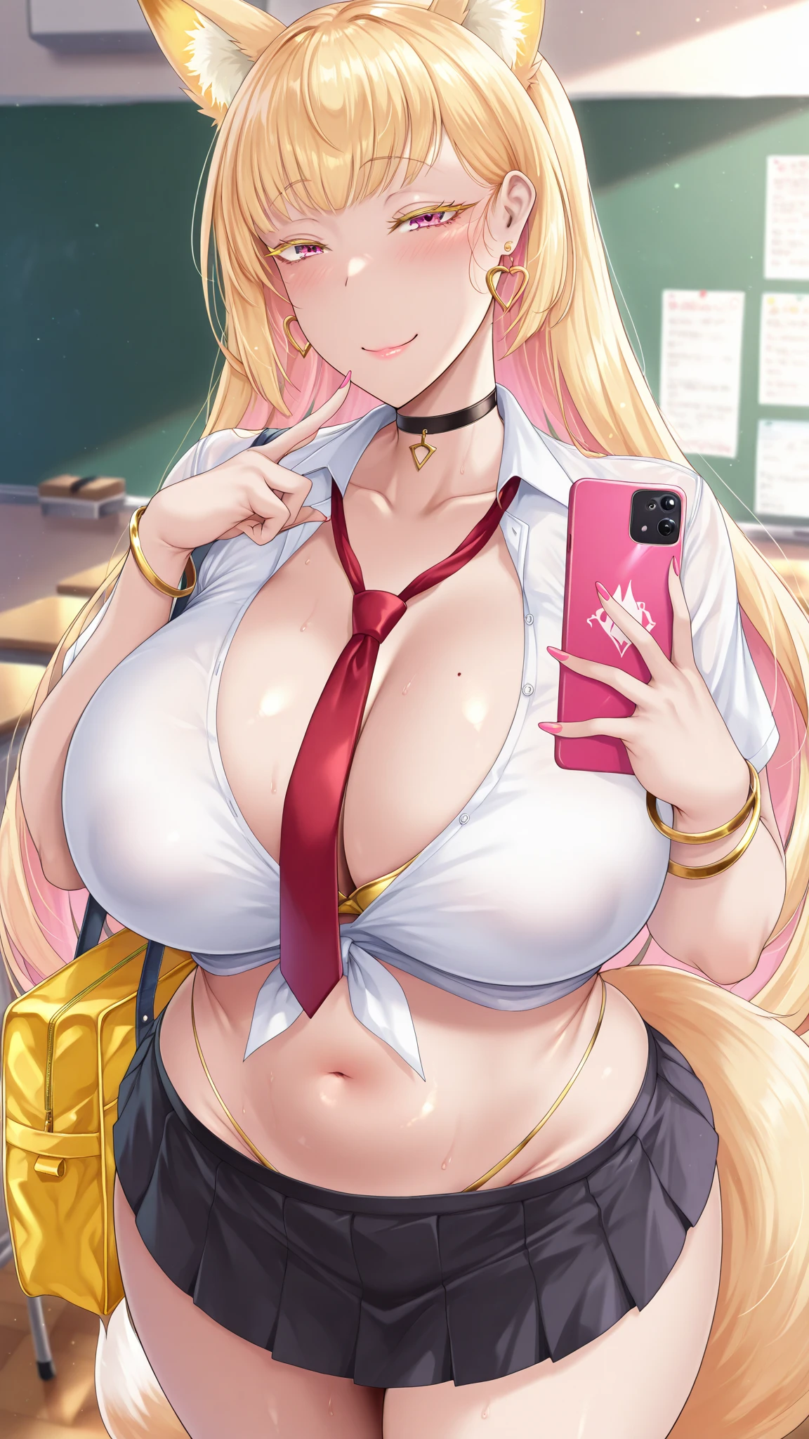 [1girl, Ashelia B'nargin Dalmasca, final fantasy], (throw_hand, pink vibrator remote switch in throw_hand, throw:1.2), Highest quality, Super detailed, masterpiece, Ultra-high resolution, 8K, Ridiculous, Cowboy Shooting, Blurred, One girl, Focus on the girl, Embarrassing, blush, Lovely, Close one eye, With tears in her eyes and her mouth open, What saliva leaves behind, Wet skirt hem, (Sticky panties:1.1), Bulging of the vibrator cord, Vibrator with Garters, (cleavage), Classroom Background, The skirt is accidentally exposed,(large breasts), (crop top navel), (waist line), Accidentally exposed panties