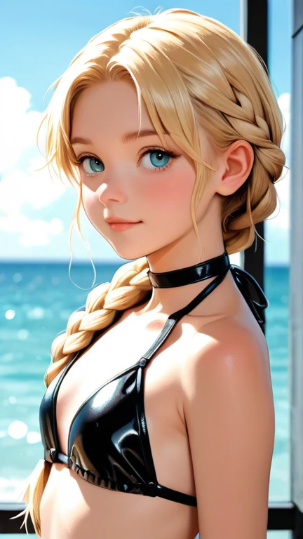 Realistic eyes, upper body picture, standing, beautiful lady, blonde hair, dark makeup, hyperdetailed photography, soft light, athletic body, realistic eyes, hyperdetailed eyes, hyper realistic, 16k eyes in focus upper body, very high quality image, extreme details of realism, ultra definition, 16k UHD,  Piped Splice Wide Strap One Piece Swimsuit , dusk beach background