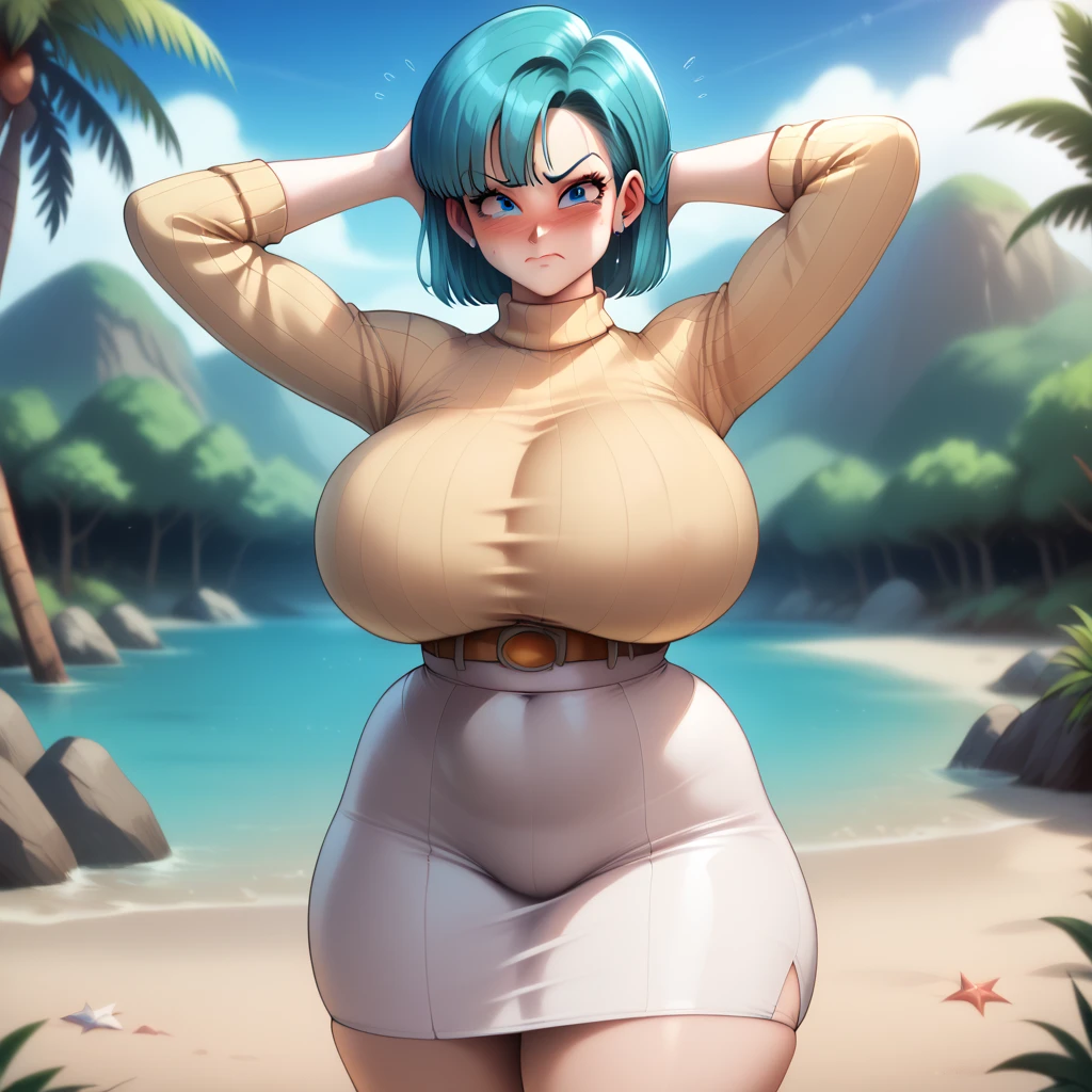 Jolyne cujoh, 1girl, (((bimbo))), long blue and green hair, puffy lips, painted green lips, thick lips, wide hips, thick thighs, enormous round breast, huge ass, erotic kiss face, oily shiny skin, breasts squeezed together, enormous huge natural breasts, natural breasts, posing,fat, giant belly, ((peace sighn with hands)), (smiling), obese, SFW, ((enourmus wide hips)),((((blue top)))), jeans