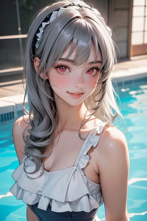 ((Browsing Caution))、Beautiful beach in summer、((Same face as cosplayer))、Confused, 8k、Masseter region、High resolution photos,  Professional photography, Movie Light,  (((highest quality))),  (thin)、 Sexy semi-transparent competitive swimsuit, Cleavage,  (Smiling Kindly)、((short wavy silver hair))、Micro Bikini