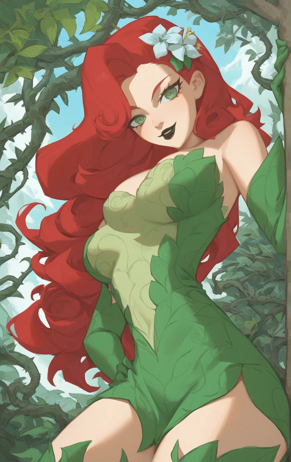 woman , poison ivy, orange flowing hair, circa 2008, flowering vines, overgrown greenery, costume design, wood, nature, neutral background, Masterpiece, Best Quality, (Highres) (original) , (very detailed wallpaper) , very, hard shadows, Cinematic shot, dramatic lighting