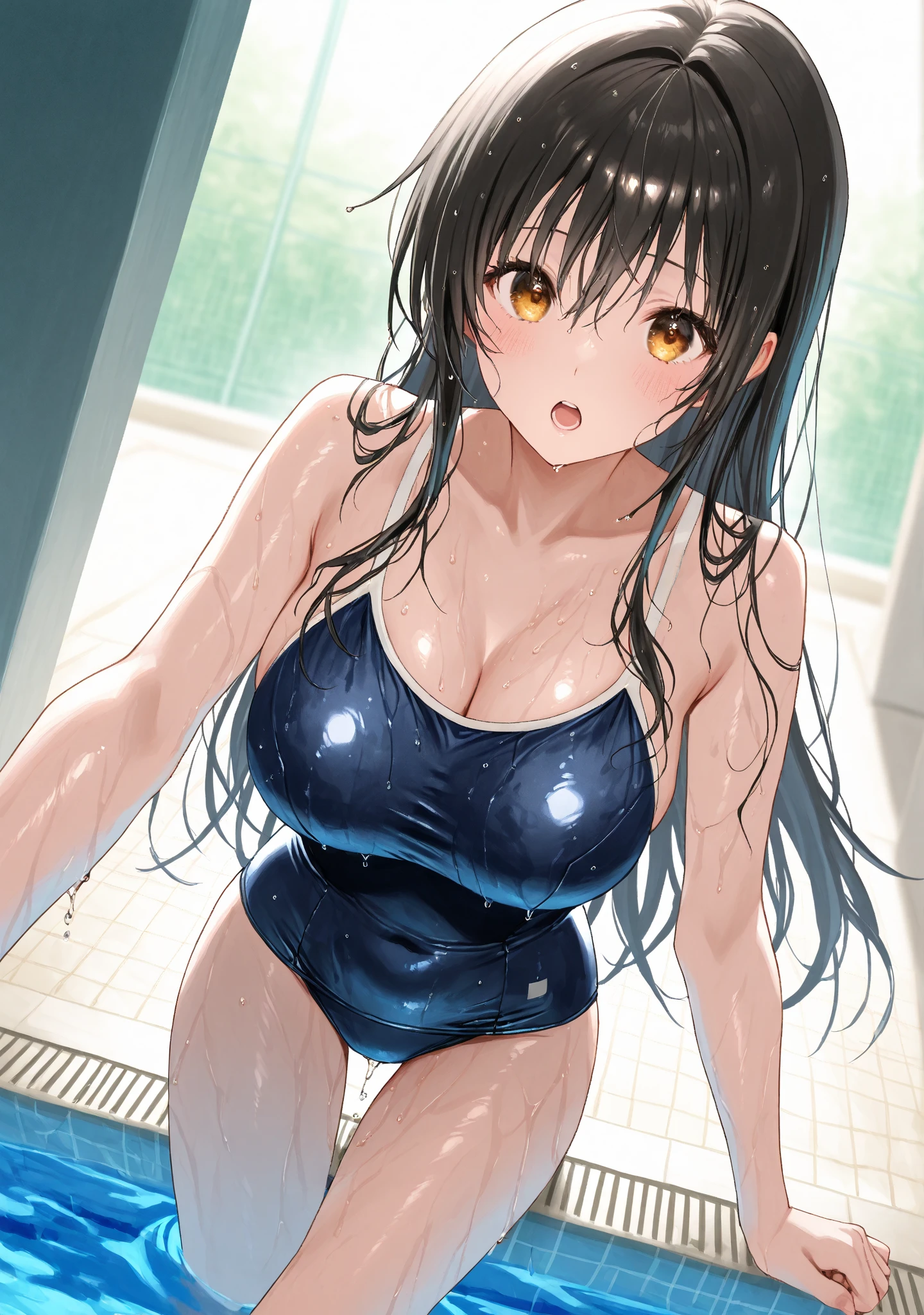 Anime art style,High resolution, high quality, One girl, Anime Girls,(Pussy close up),(Pussy Focus,From before:1.3),(Erotic Body Twist:1.6),(shame:1.6),(orgasm:1.6), dark blue hair,ponytail,long hair,blunt bangs, dark blue eyes,heart shaped pupils,[[pale skin]],Glowing Skin, Super big breasts, HH-sized breasts,beautiful breasts,(Big Ass),beautiful ass,Embarrassed,sweat,Wet,open legs,Standing Split, Lift your legs,Leg lift,Standing on one leg,arms behind head,Sexy leotard, elegant face,love struck,(High leg:1.6),(Crotchless:1.6), Dynamic pose,By the pool,(Urge to urinate:1.6),(bladder full:1.6),(Urination Desire:1.6),(Splashing pee:1.6),(Person urinating:1.6),(Can&#39;t make it to the toilet in time and have to urinate:1.6),