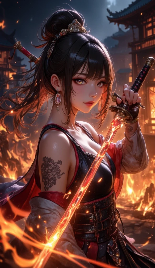 a picture of Japanese female samurai, she has long black hair, wearing samurai armor, armed with a katana, ready for battle, dynamic angle,, Japanese fantasy art, (Masterpiece: 1.5), 16k, highres, best quality, high details, ultra detailed, masterpiece, best quality, (extremely detailed), arafed, dnd art, JapaneseKatana, wtrcolor style