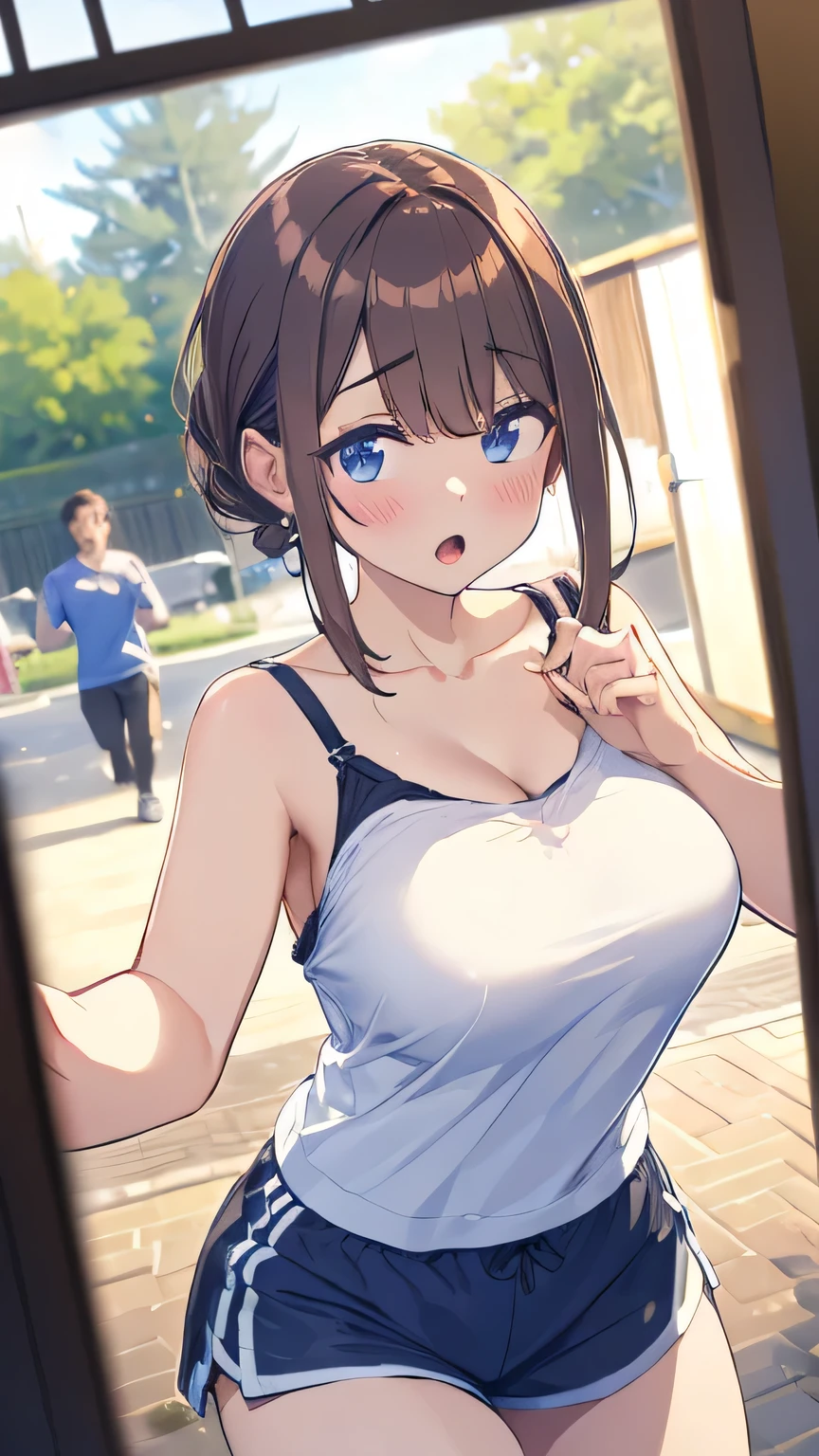 1人of女of子と2人of男of子 :o absurdres alternine_costume Buffs bare_ black shoulder _looking for another_blurry eyes blurry_背景of赤面ボブ_cut bounce_breasts breasts breinh brown_viewer medium Chest clasped_hand day dolphin_camisole dutch_hair camisole_outside_of_shorts Dutch_(Buffs) frame Hitoyo_staring at the chest_in_別of 探している_in_jogging big_複数of髪_boys original outsidedoors short_shorts shorts solo_focus swein tree white_camisole