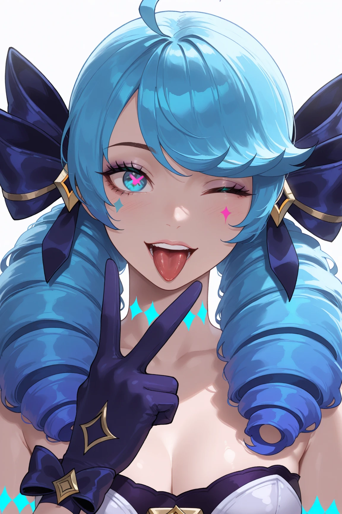 1girl, black bow, black gloves, black legwear, blue eyes, ((blue hair)), bow, collarbone, drill hair,gloves, gwen\(league of legends\), hair ornament, highres, league of legends, long hair, split lips, swollen sleeves, pink pupils, smile, solo, x, x hair ornament, large breasts, indoors, half_naked, (((ahegao))), (((micro bikini)))), naughty look, naughty smile,