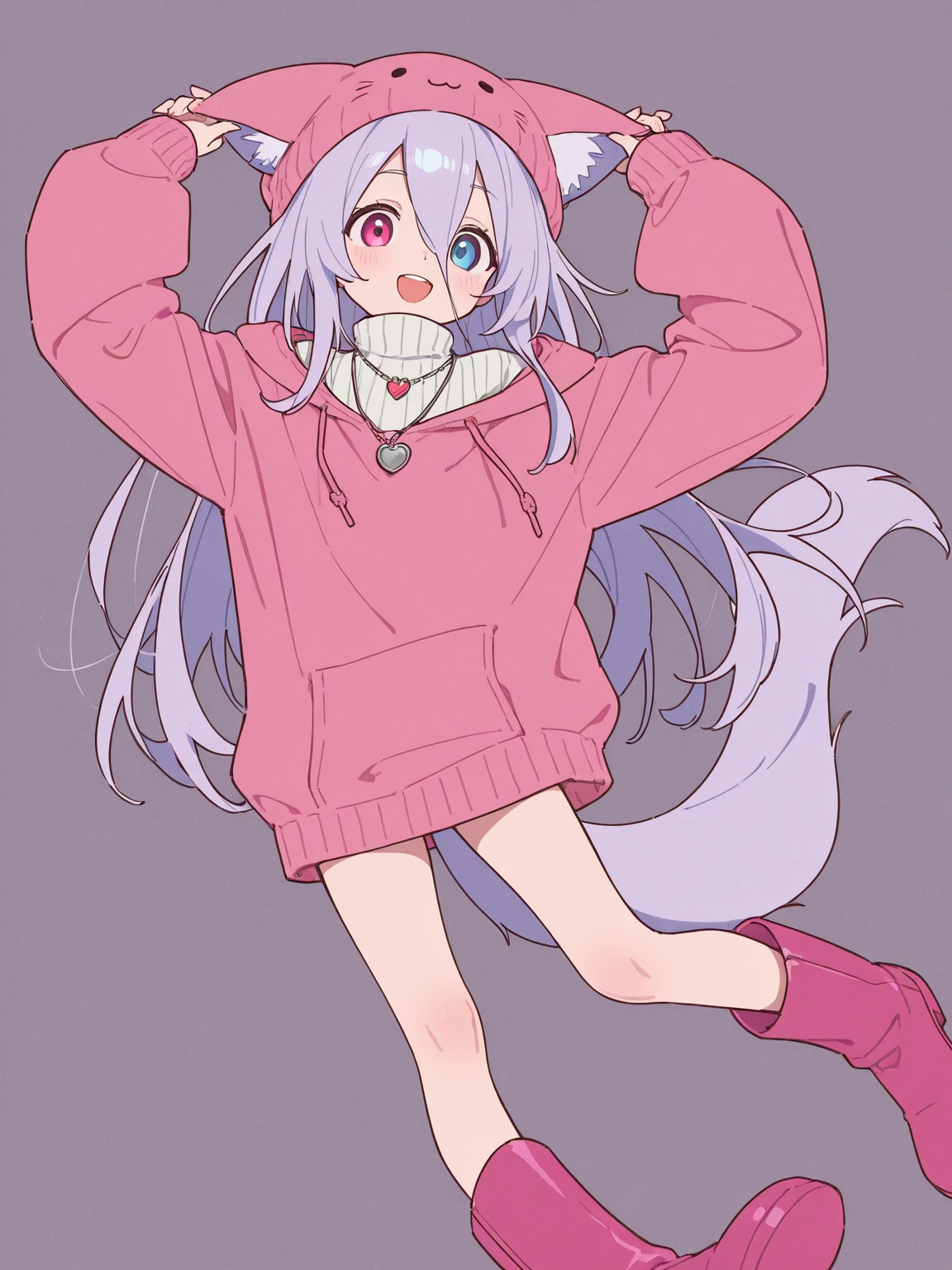 1girl, body, small breast, fox girl, fox ears, kitsune, kitsune tails, white hair long, hair, flowy hair, prtty girl, pink nit sweater, hoodie, cute pose, kawaii, cute pose, winking, bending over, big smile, plain background, white background, half body composition, sitting pose, legs together, knees up, soft colors,
