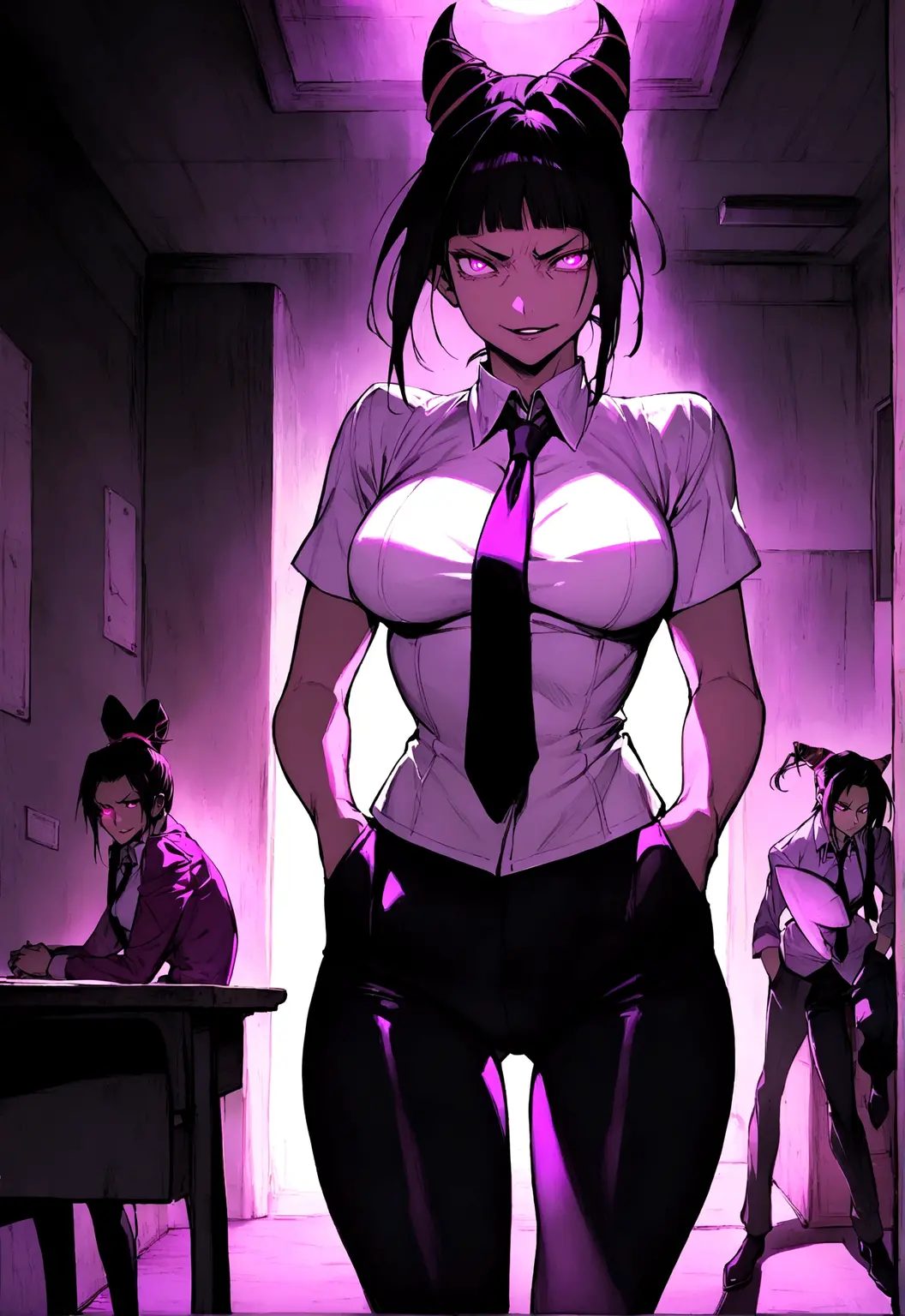 Juri Han, artwork, tight white secretary shirt with black tie, camisa apertada dentro da legging pants, Bblack hair,evil smile,DESK,bangs on the eyes,lighting,horn of hair,glowing purple eye,hands in pocket,legging pants
