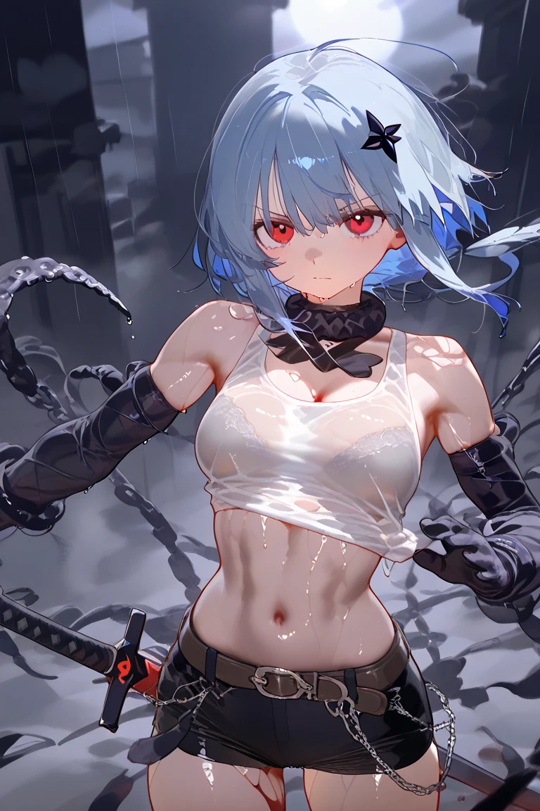 absurdres, best quality, androgynous, solo, looking at viewer, TachibanaHinano, bikini, (short hair:0.75), medium breasts, (split-color hair), blue eyes,