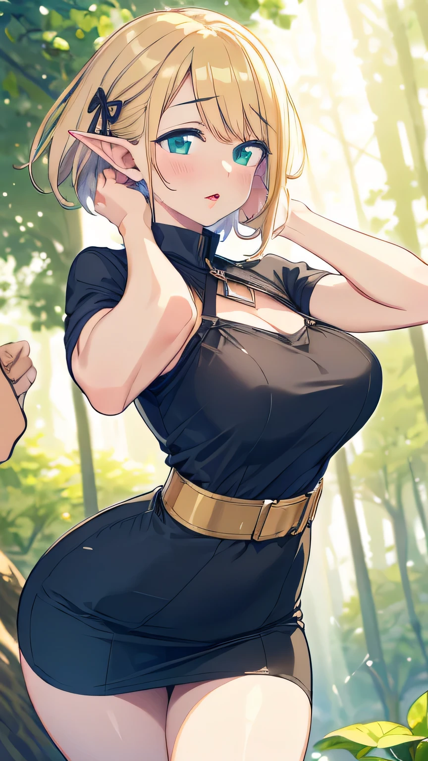 ((Super High Quality)), ((masterpiece)), Evangeline - Devotional , waqf style, ((Blonde Short Hair, Evangelina's Hairstyle )), (beautiful face), (Beautiful female lips), (Elf long ears), Attractive, ((sexy表情)), looking at camera, slightly open your eyes, (skin tone white), (white skin), Light Reflected on the Body , ((Beautiful female eyes with fine details)), ((DARK GREEN EYES)), (juicy female lips), (dark eyeliner), (beautiful female hands), ((perfect female figure)), Ideal female body, beautiful waist, Great thighs, Beautiful Medium Breasted, ((delicate and beautiful)), sexy (face close-up), ( Black Outfit Evangelyne - Waqf Season 1 , Animeシリーズの最初のシーズンの衣装, white top ) background: forest, ((depth of field)), ((high quality clear image)), (vivid details), ((High Details)), Realistic, professional photography, ((clear focus)), Anime