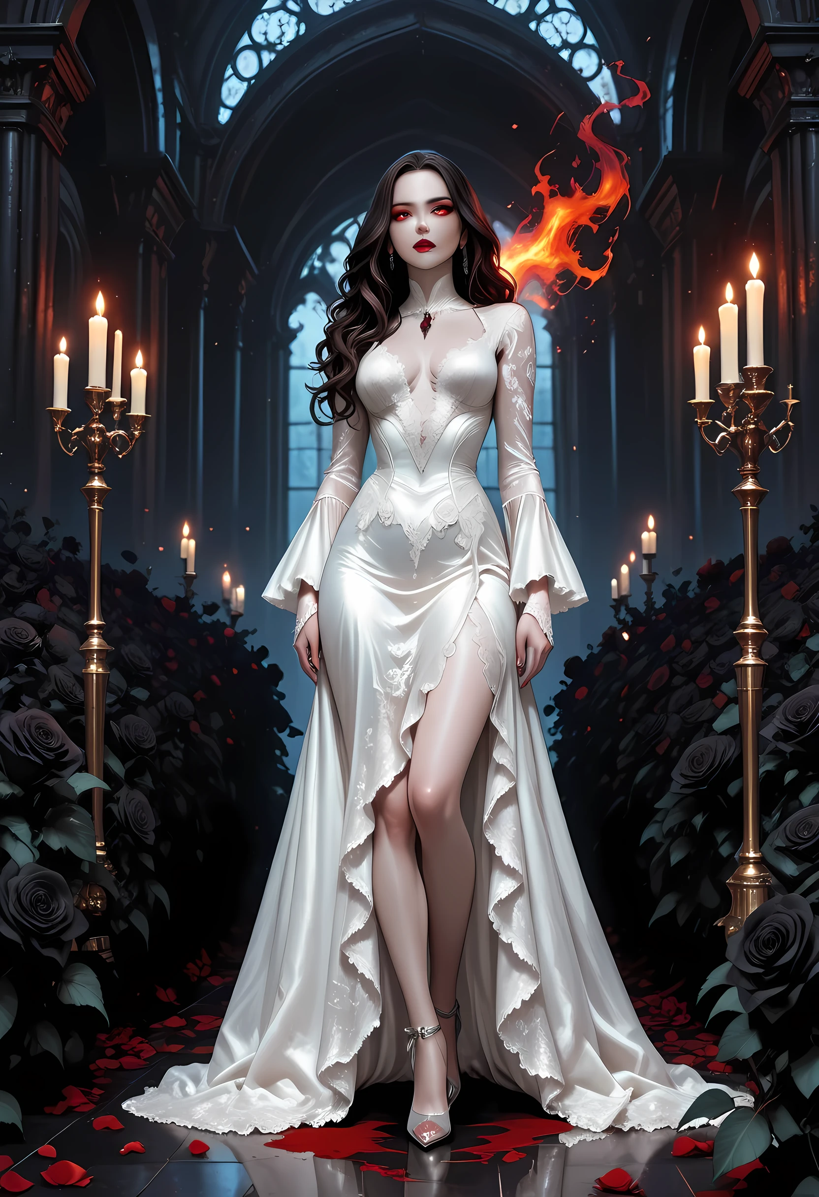 Dark anime fantasy art, goth art, a picture of a female vampire, exquisite beauty, full body shot, dark glamour shot, pale white skin, dark blond hair, long hair, wavy hair, dark red lips, glowing eyes, she wears a white lace dress, exquisite, beautiful, half sheer dress, ((white lace)) dress, there are blood stains on the dress, the roses are imprinted on the dress, black roses, high heels, dark castle, lit by candles, high details, best quality, 16k, ultra detailed, masterpiece, best quality, (extremely detailed), full body, (ultra details, Masterpiece, best quality), realistic art, red fire perfect face, perfect body, glowing, ember