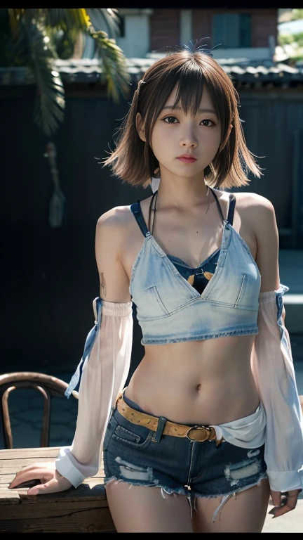 4K,1、Denim bikini、Tabletop, High resolution, Very detailed), 1 female, 28 years old, Final Fantasy Yuna x2, More mature, ((Simple Background)), Simple dark background, ((There is nothing in the background)), Surreal, Yuna's Final Fantasy Costume, Yuna's original costume design in Final Fantasy X2, (((Hmph://www.Creative Uncut.。.。.。.。.and/Gallery-01/FF10 - 2 - Yuna 2.....HTML))), Tattered denim shorts, Features of asymmetrical clothing, belt on left hip, Optimal Clothing Simulation, It's not a necklace, 1 female, Windy nights, Yuna'Bob Hairstyle, 大きなchest, chestの谷間, middle_chest, Thick body, smile, Sleeves not hanging down,, Close-up shot, Photographed from the front, zoomed in shots, Access HIPS image scope, smile with closed mouth, Head to waist, Character looking at camera, I'I'I'm watching you, YunaFFX, Blue beaded earrings