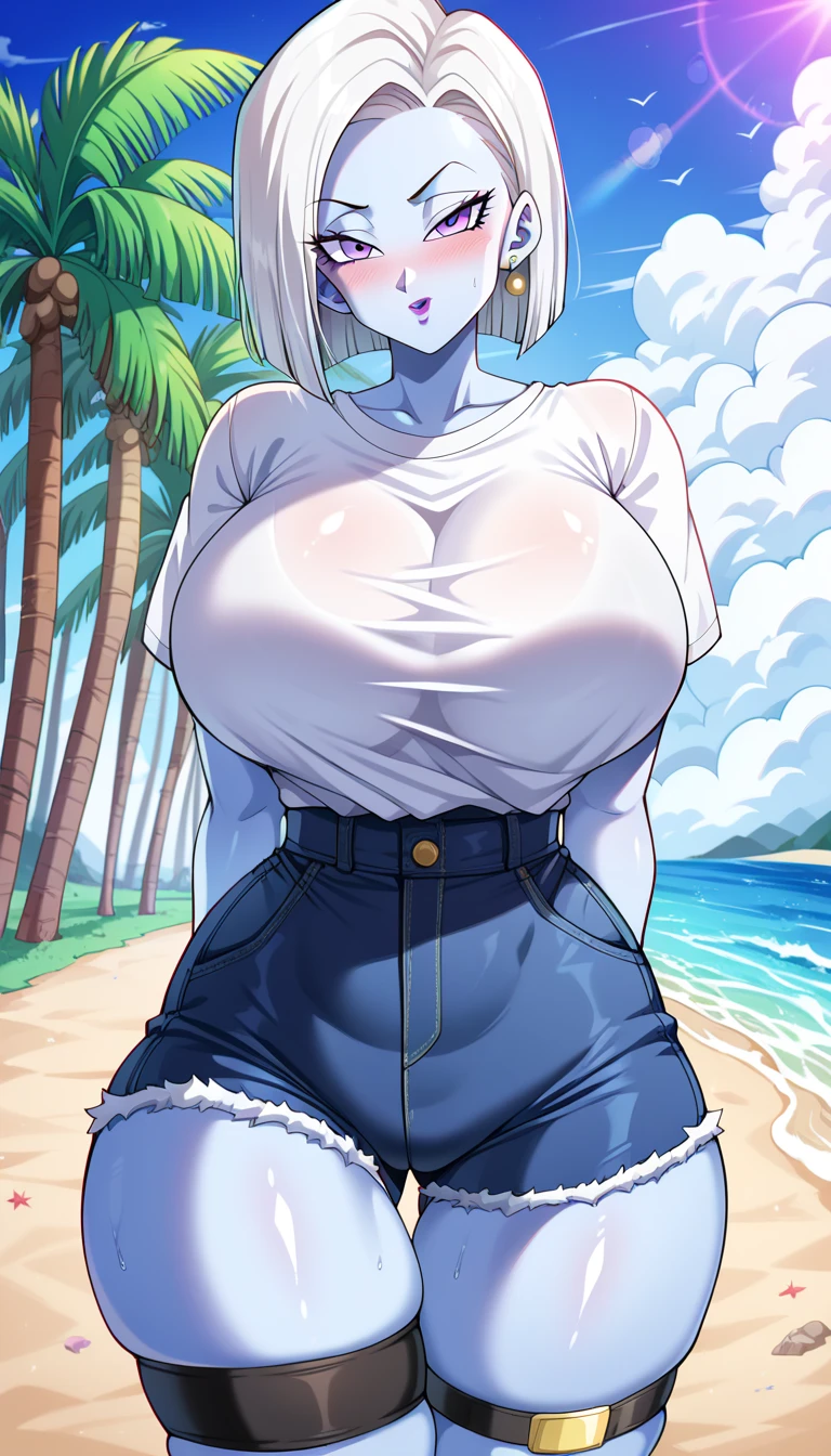 High resolution, Dragon Ball, Bulma, 1girl, ((bimbo))), short blue hair, blue eyes, puffy lips, thick lips, wide hips, thick thighs, huge round fake breast, huge ass, sexy flirty face, shiny skin, sexy legs, breasts squeezed together, white micro bikini, beach, looking down, camel toe, perky nipples,