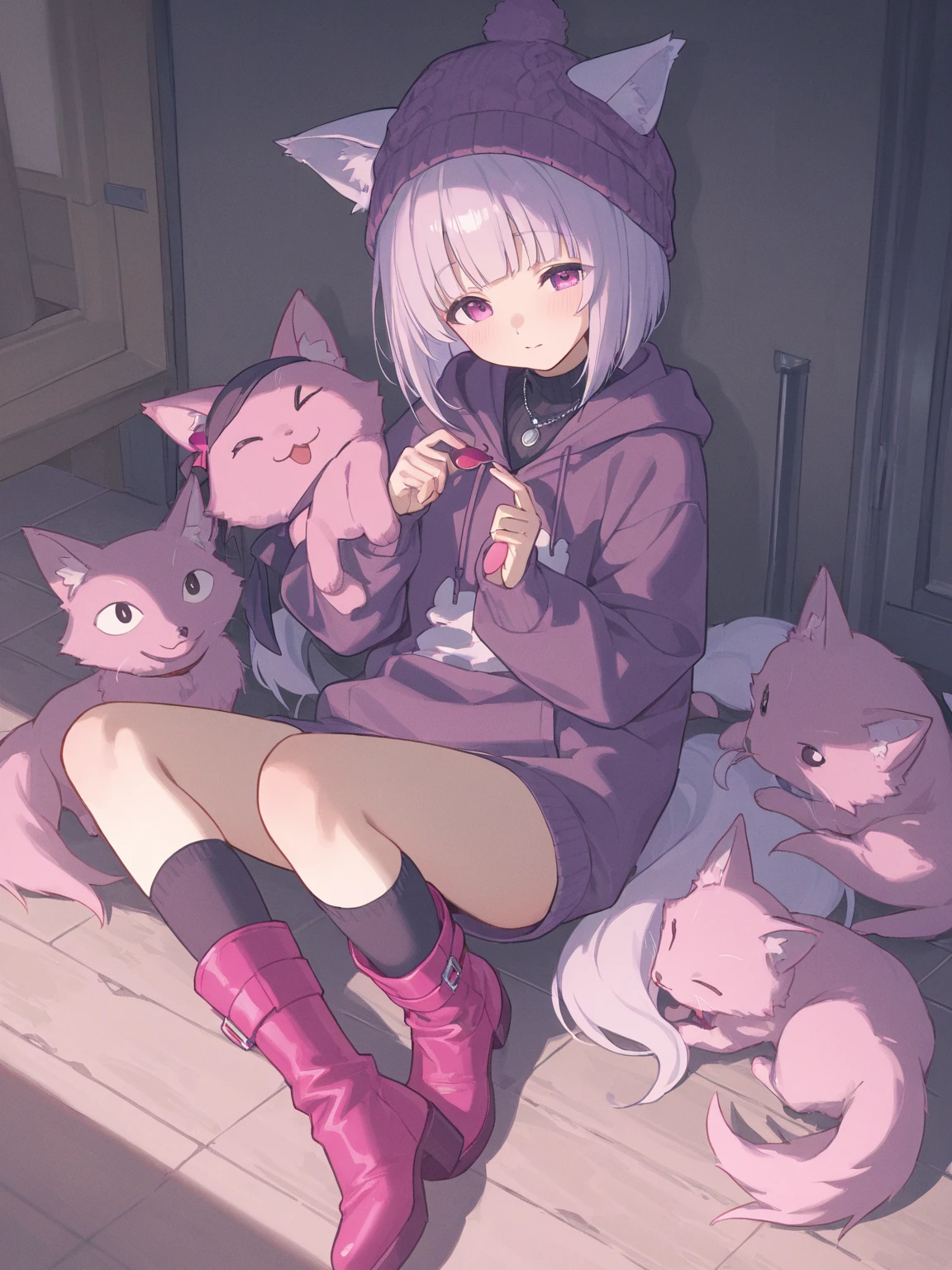 Masterpieces, best quality, anime style, (young male 1.5), dark skin, Brown messy hair, (white coat and white cat_ear hoodie), black inner skirt, hood up, long green army pant, yellow eyes, jump up and carry katana slash to the viewer, smug, focus on leg, ultra detailed, dutch angle