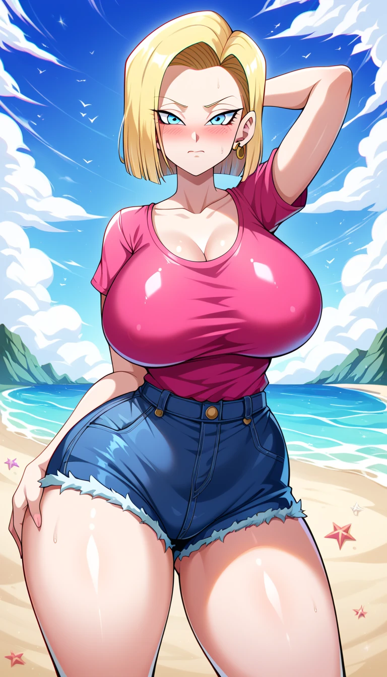 One girl、Diva、Huge breasts、blush、Android 18、Blonde Hair、blue eyes、eyelash、Denim Jacket、フープEarrings、short hair、Earrings、A happy smile、(Oversized Sunglasses)、thin、Wide hips、Hourglass figure、Perfect round breasts、(String)、Thick thighs、blush、Glossy Lips、(Shiny skin)、Nipples、Wide hips、Expressive、Real、Beach、Ahegao