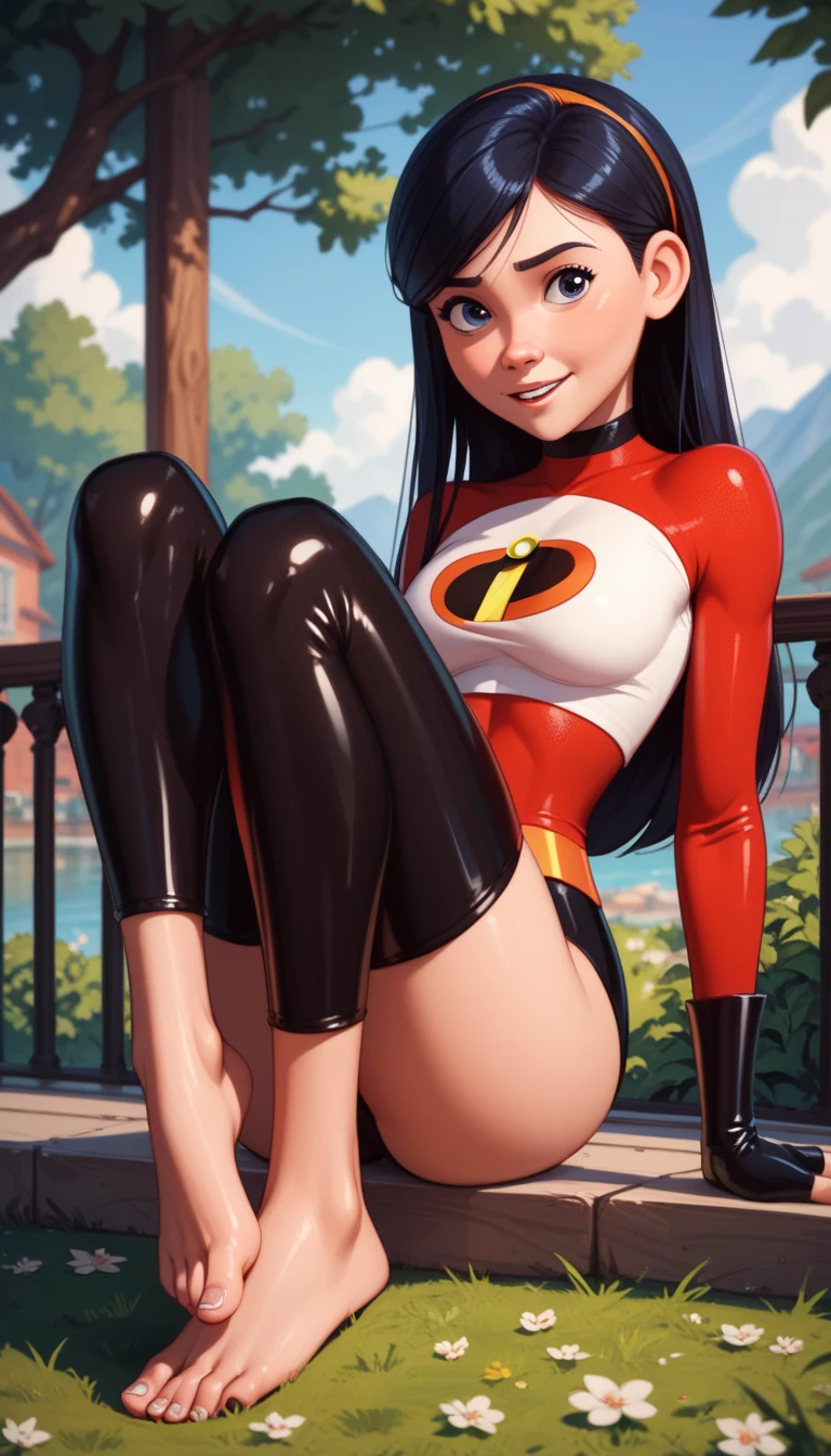((best quality)), ((highly detailed)), masterpiece, extremely detailed face, beautiful face, (detailed eyes, deep eyes), (1girl), cowboy shot, <lora:hairdetailer:1>, <lora:VioletParr:.8>, violetparr, (black hair), long hair, hair over one eye, purple eyes, mask, red bodysuit, gloves, boot, thighhighs, thigh boots, latex, (at a swamp, sun up)