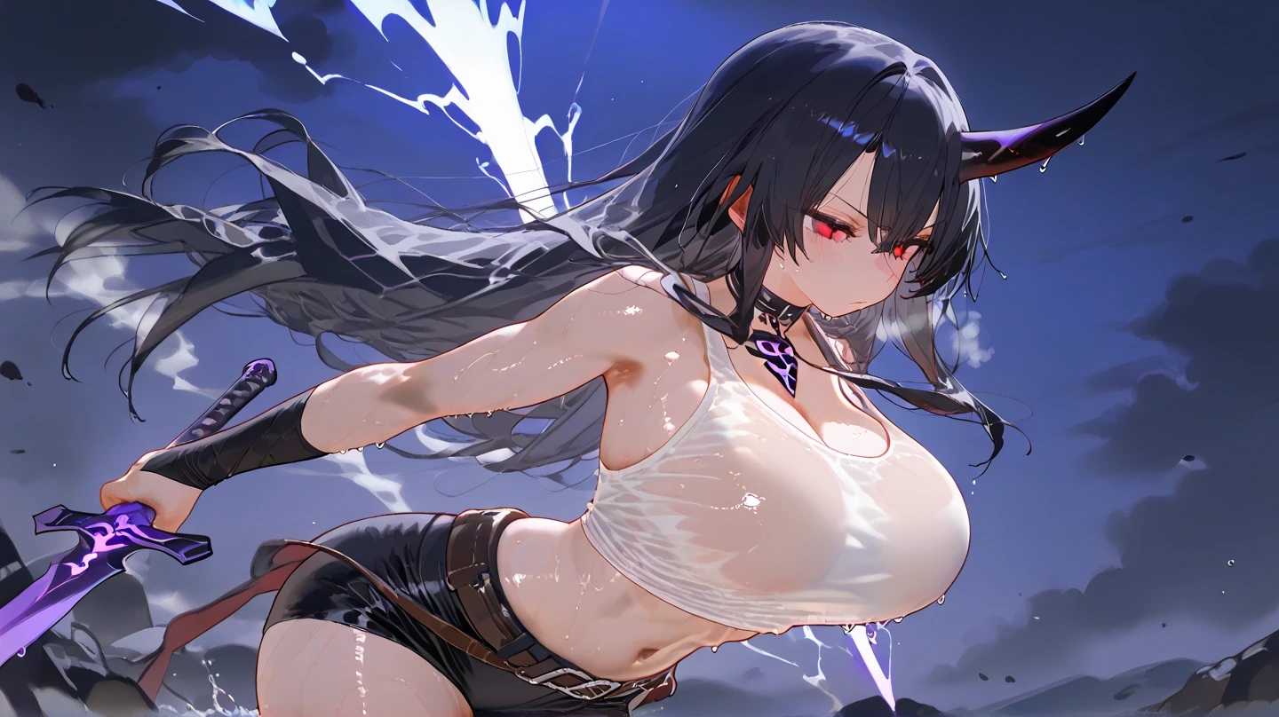 bangs, sidelocks, black hair, long hair, black hairband, perfect shiny hair, blue eyes, ultra-detailed eyes, iridescent shiny eyes,, , , empty eyes , large breasts, solo, nipple, , Heavy snowfall area, Freezing wet crying ,naked, flooding, lightning, inferno, running, bloodshed