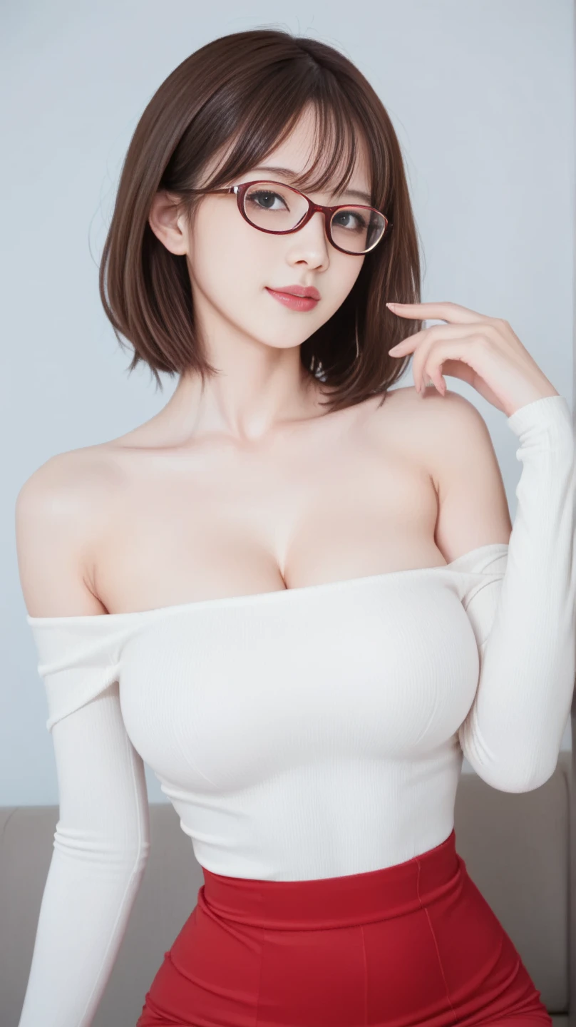 (((Medium Hair Girl:1.3, Solo))), Very pretty and beautiful Japan woman, (sexymodel), professional attire, (22 years old: 1.1), (From below:1.3), (low angles:1.3), (Ground Level Shots:1.3), ((girl on top:1.5)), (behind arms、fit derrier、Between the legs:1.3), (Attractive random poses:1.3), (Glass-enclosed shower room:1.3), Break HA, (Bobble Ponytail:1.3), (shiny black fine hair:1.2), Small head, dark brown eyes, Beautiful eyes, Princess Eyes, Bangs, hair between eye, Short hair:1.3, curby, Abs, Perfect Abs, (Medium Large Breast:1.5, drooping chest:1.5, disproportionate-breasted:1.5), (thin waist: 1.15, Abs:0.95), (Detailed beautiful girl: 1.4), Parted lips, Red lips, Full Makeup Face, (Shiny skin), ((Perfect female body)), (Upper body image:1.3), Perfect Anatomy, Perfect proportions, (The faces of the most beautiful Korean actresses:1.3, Very cute and beautiful Japan actress face:1.3, Seductive light smile, Happy, BREAK, (Bare shoulder, Chest squeezed together, View Viewer, (Elegant off-shoulder dress with attention to detail:1.3), detailed clothes, BREAK, (Simple shower room background:1.2, taking shower, Soap Bottle), (Dark background), (Studio Soft Lighting: 1.3), (Fake Lite: 1.3), (Backlight: 1.3), BREAK, (Realistic, Photorealistic: 1.37), (masutepiece, Best Quality: 1.2), (Ultra High Resolution: 1.2), (Raw photo: 1.2), (Sharp Focus: 1.3), (Face Focus: 1.2), (Ultra detailed CG unified 8k wallpaper: 1.2), (Beautiful skin: 1.2), (pale skin: 1.3), (hyper-sharp focus: 1.5), (Ultra Sharp Focus: 1.5), (Beautiful pretty face: 1.3), (hyper detailed background, Detail Background: 1.3), hyper realistic photography, Hyper Sharp Image, Hyper Detail Image,(((Small square glasses)))、((Oily skin:1.2))