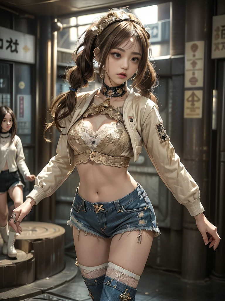 (Full Body View:1.3)、(Back view:1.4)、(Hostess:1.3)、(Smiling with teeth showing:1.3),(Shibuya Gal:1.5)、(y2k woman:1.4)、(Lolita Fashion:1.5)、(Punk RockVisual Kei:1.4)、(A modern short jacket in dark grey and moss green.:1.5)、(Tattered brown and charcoal denim low rise cargo pants:1.5)、(Mustard Yellow Headband:1.3)、(Charcoal and khaki striped knee socks:1.4)、collar、(Brown platform long boots)、(Clothing with logo pattern:1.4)、20-year-old、(Doing an aerobics pose:1.3)、NSFW,((Highest quality、In 8K、masterpiece:1.3))、Sharp focus:1.2、(Layered Cut、Huge boobs:1.1),Beautiful woman with perfect figure:1.4、(Dancing vigorously:1.3)、(Open legs:1.3)、(Raise your arms:1.2)、(Open your crotch:1.3)、Slender Abs:1.2、Butt、Highly detailed face and skin texture、Detailed eyes、double eyelid,(Twin tails:1.3)、(Cream colored hair:1.3)、Dynamic Pose、Obscene pose、Humiliating pose、Gravure idol、(Luxurious amusement park at night:1.3)、(Make your legs thinner:1.4)、(Slim body:1.3)、(clavicle:1.1)