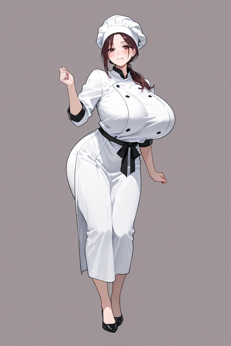 (best quality), (masterpiece), 1 girl, early 20's, huge heavy breasts, busty, perky breasts, thick, thick lips, wide hips, thin waist, palina, bandana, short white dress, goggles around neck, white gloves, apron, shoes, in house