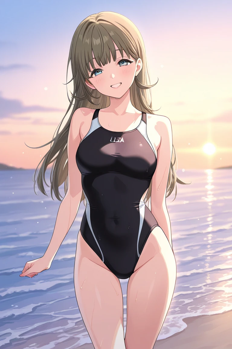 masterpiece, best quality, high quality, beautiful anime character, solo, anime girl with dark hair, (messy hair, long hair, choppy bangs, chopped bangs), purple eyes, medium breasts, mature female, tall female, big girl, thick, light smile, outdoors, almost full body, (school swimsuit), sitting, pool,