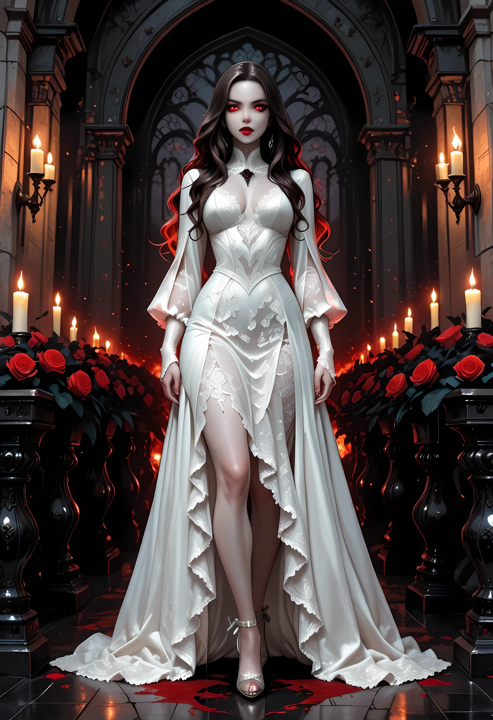 Dark anime fantasy art, goth art, a picture of a female vampire, exquisite beauty, full body shot, dark glamour shot, pale white skin, dark blond hair, long hair, wavy hair, dark red lips, glowing eyes, she wears a white lace dress, exquisite, beautiful, half sheer dress, ((white lace)) dress, there are blood stains on the dress, the roses are imprinted on the dress, black roses, high heels, dark castle, lit by candles, high details, best quality, 16k, ultra detailed, masterpiece, best quality, (extremely detailed), full body, (ultra details, Masterpiece, best quality), realistic art, red fire perfect face, perfect body, glowing, ember