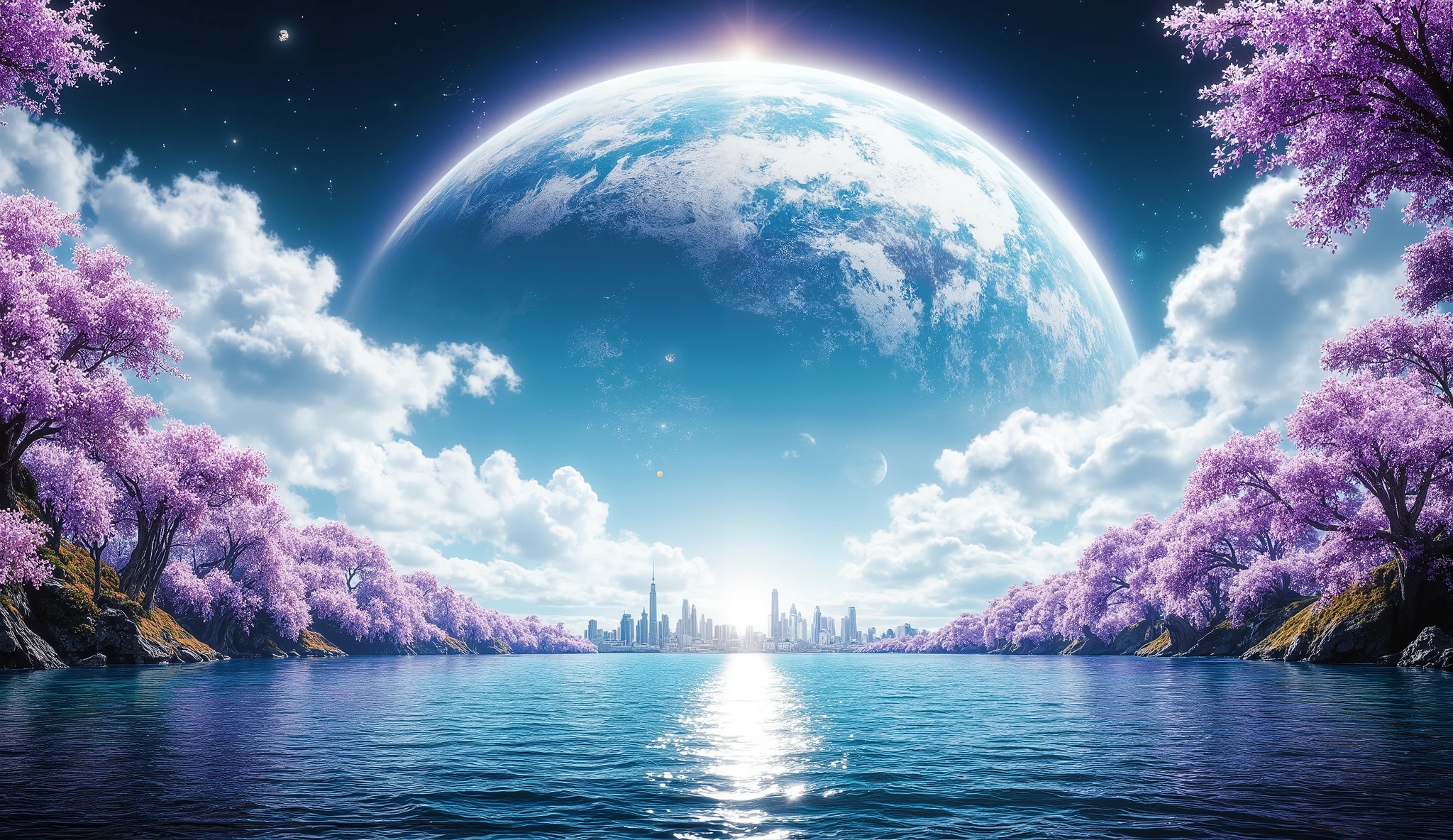 there is an image of a beautiful landscape with a giant planet, impressive fantasy 3D rendering, a heavenly city in the heavens, a large ocean, a large forest of cherry blossoms, a lot of clouds everywhere, a planet in the sky and stars, a very detailed heavenly city, beautiful cherry blossom forest of breathtaking color, clouds all over the landscape,  a beautiful planet , wallpaper, 4k, HD, detailed, 8K, Background, arte digital 4k altamente detailed, renderizado octane de 8K estilo fantasía,

