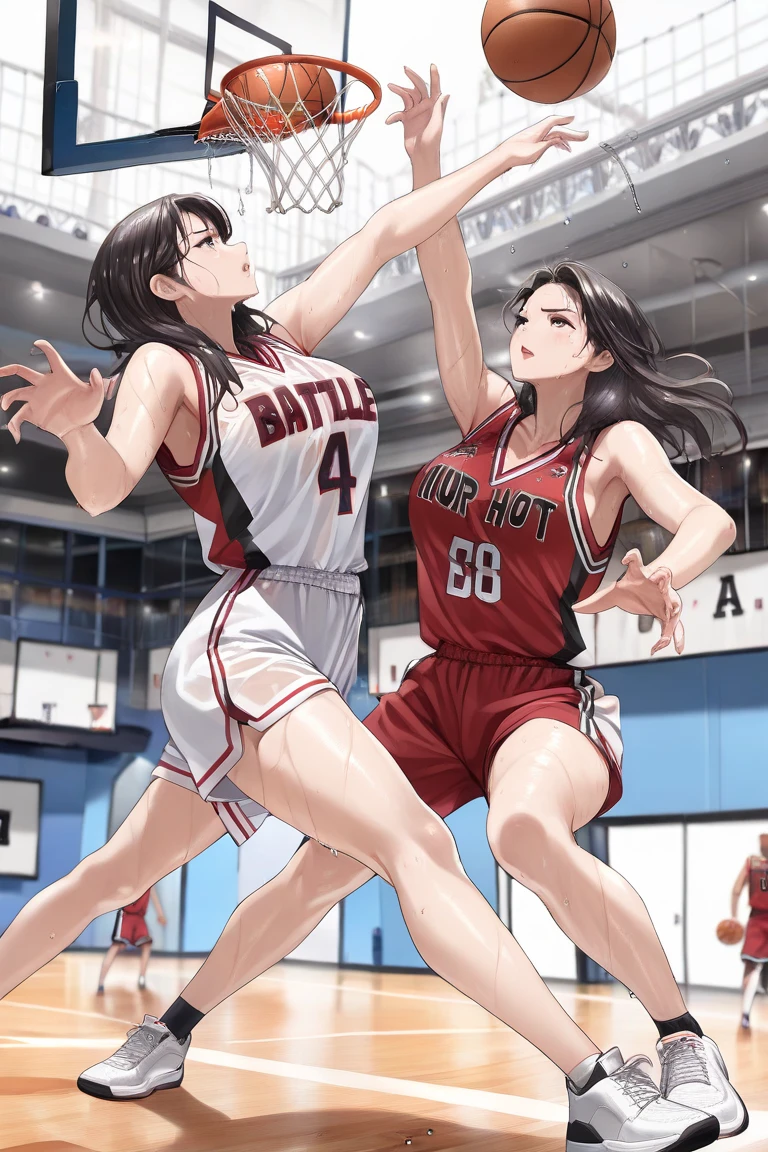 ((masterpiece)), ((Highest quality)), ((Extremely detailed depiction)), (((1 Basketball, 1 ball, Dunk Shot))), Under the goal, The goal is visible, force, Top view, ((3girls, Competing)), uniform, Basketball goal, Basketball Link, Inside the gym