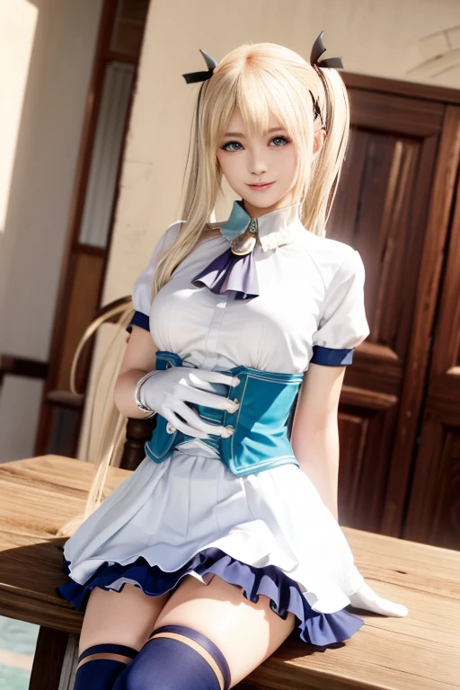 masutepiece, Best Quality, 1girl in, Beautiful, Fine, Delicate, very intricate, Detailed, Blonde hair, Jacket, Blue eyes, ((masutepiece)), extremely Detailed, Best Quality, High resolution, ((on the park)), Bridget, Smile,  thigh high boots