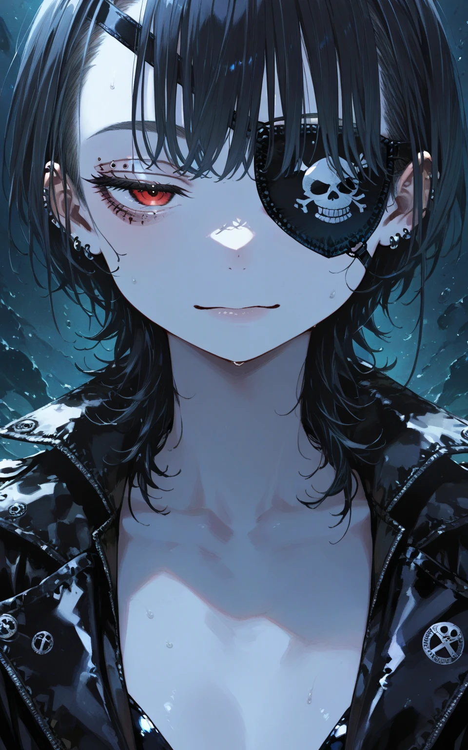 Metalhead boy, Black long hair boy, close face, pale skin, vampire, dark theme, Skull mask, lsdo brand, tunic of ceifsdo, reaper's tunic , Reaper