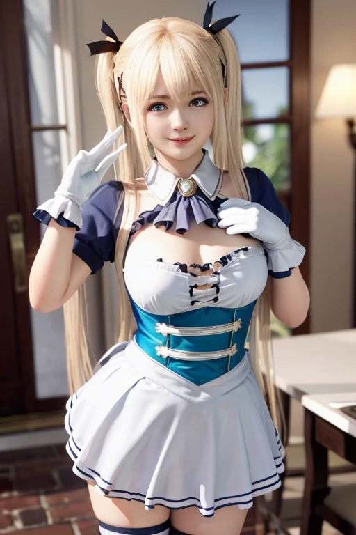 <lora:Fischl:0.7>, fischl_genshin, cowboy shot, 1girl, hair over one eye, blonde long hair, tiara,bare shoulders, detached sleeves, (fischl's short dress), white thighhighs, standing,((arms behind back)),(leaning forward),(smile:0.75), looking at viewer, upper body, outdoors, european town, european style houses, (castle), noon, streets, sunshine, close-up,