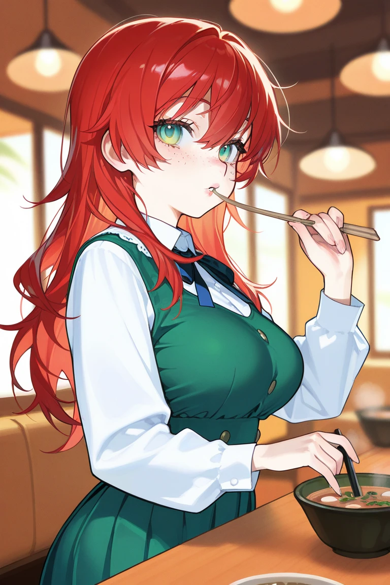 tmasterpiece,best qualtiy,ultra - detailed,illustratio,epic lighting,cinematic compositions,isometry,1girll,ssmile,Redlip,独奏,adolable,blue eyes,red color hair,By bangs,star hair clips,captivating posture,inside in room,school,Open the door,looking at viewert,peeking out upper body,Be red in the face,seduct smile,Shut your mouth,(8K:1.1), (green apron)