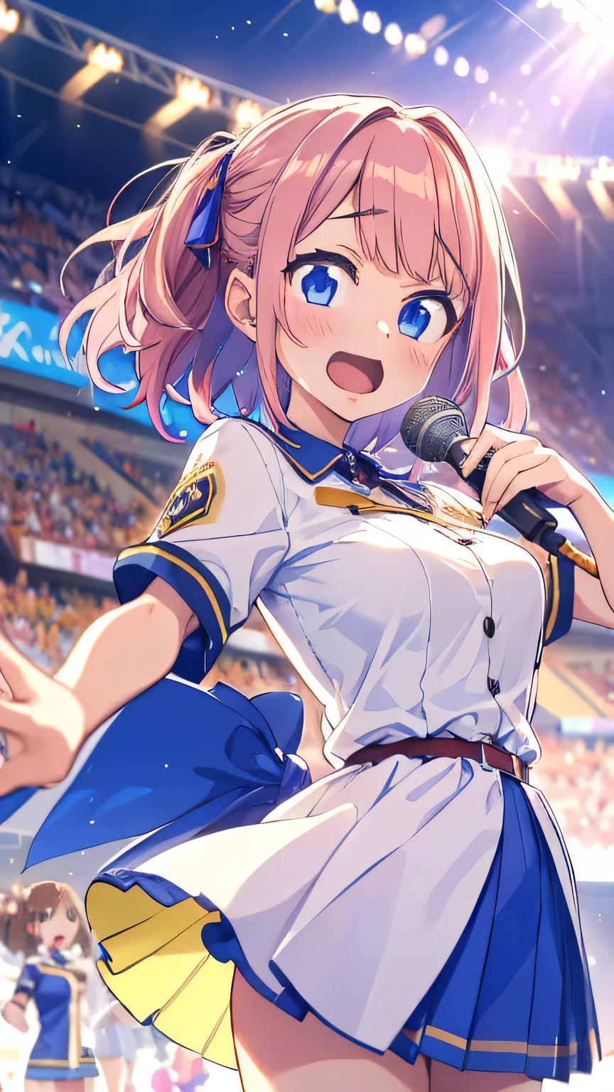 anime idol group wearing a rainbow colored uniform , The blond haired ,
(A girl with pink hair is holding a microphone and singing a song at the stadium, she is dancing and singing happily ),
( the girls are singing around her ),
Daytime, Sunshine,
(dynamic effects:1.3), (motion effect:1.3), dynamic hair,
masterpiece, Clear images,
Detailed body, Detailed Hair, Fine Face , Detailed Eyes,
very detailed background