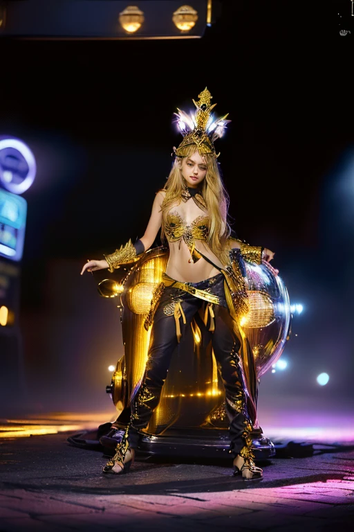 Cute 18 year old girl, Carnival Bikini Woman suit, short curly hair, blonde hair, beautiful face, rain, roof, masterpiece, exquisite details, perfect anatomy, fighting stance realistic