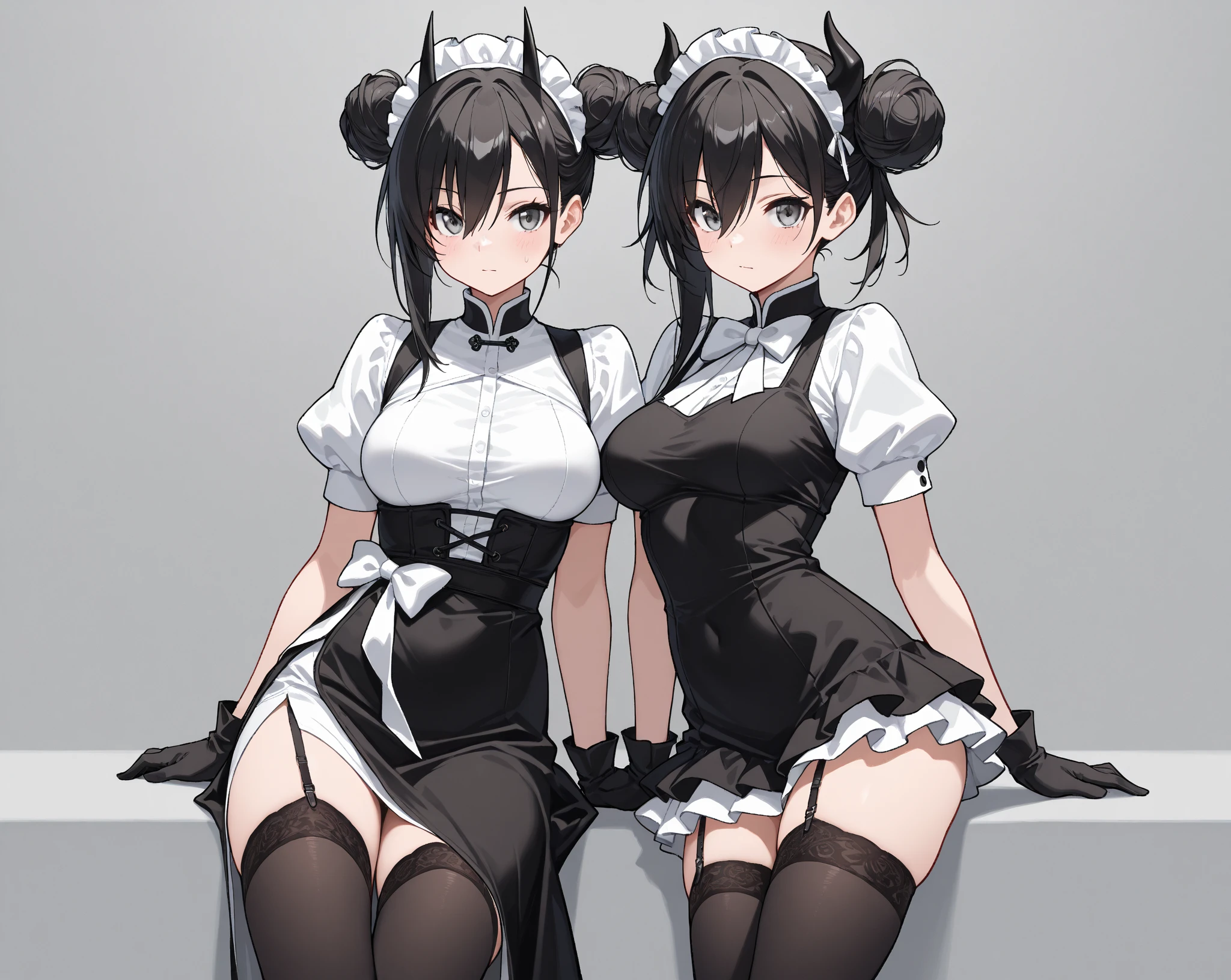 A black dragon woman maid, wears a maid's outfit showing her panties, has super big breasts, has long, messy black hair, It has red eyes, has a black dragon's horn, black dragon's wings and a black dragon's tail, wear black boots.